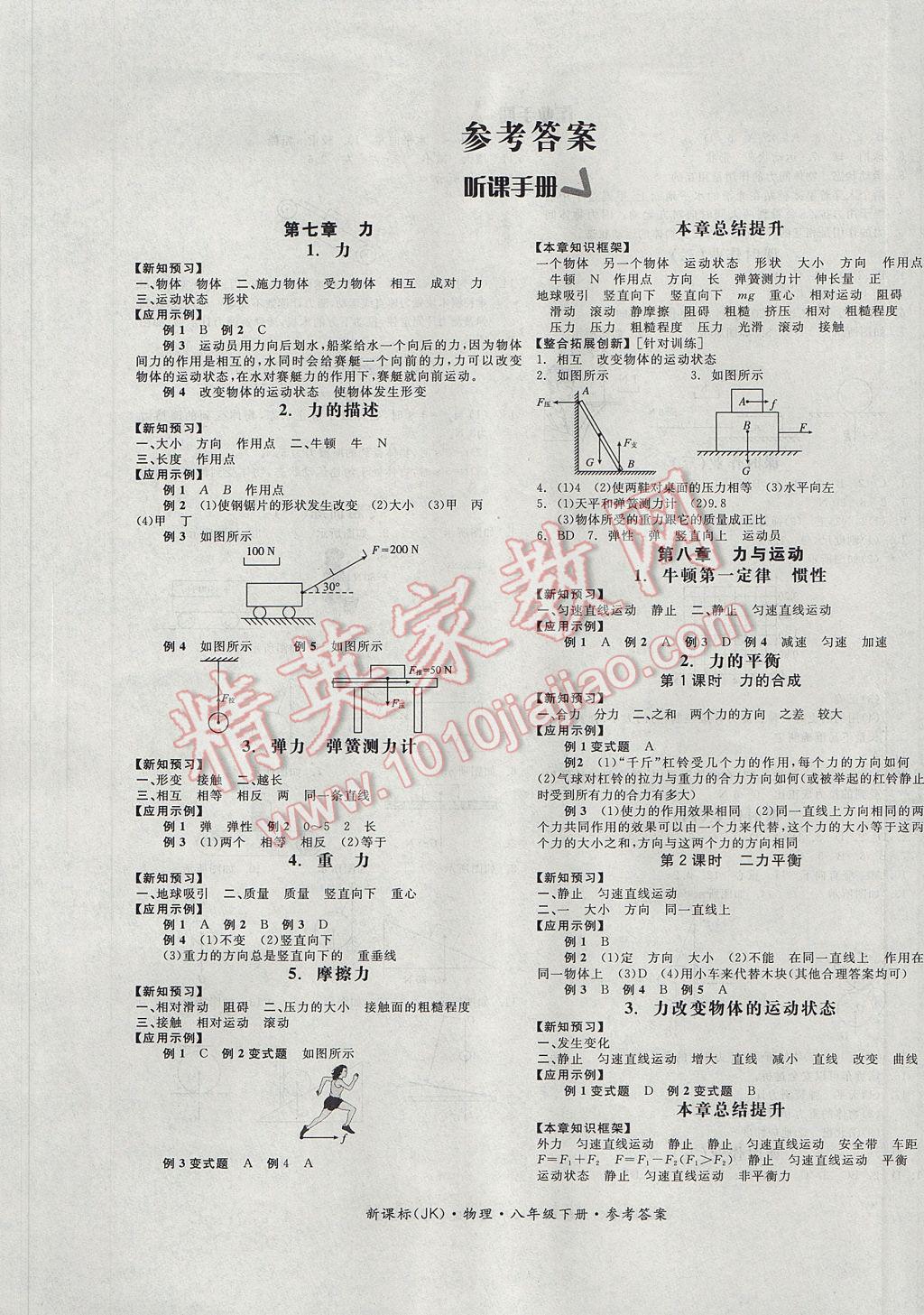 2017年全品学练考八年级物理下册教科版 参考答案第1页