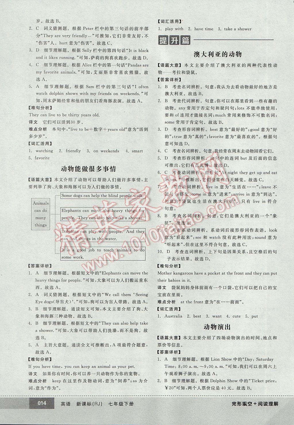 2017年全品优等生完形填空加阅读理解七年级英语下册人教版 参考答案第14页