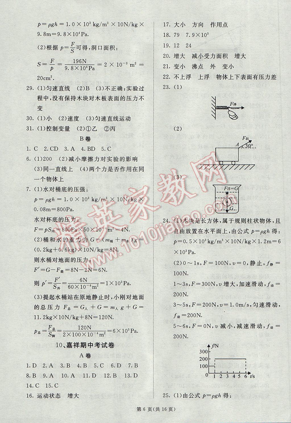 2017年權(quán)威考卷八年級(jí)物理下冊(cè)教科版 參考答案第6頁(yè)