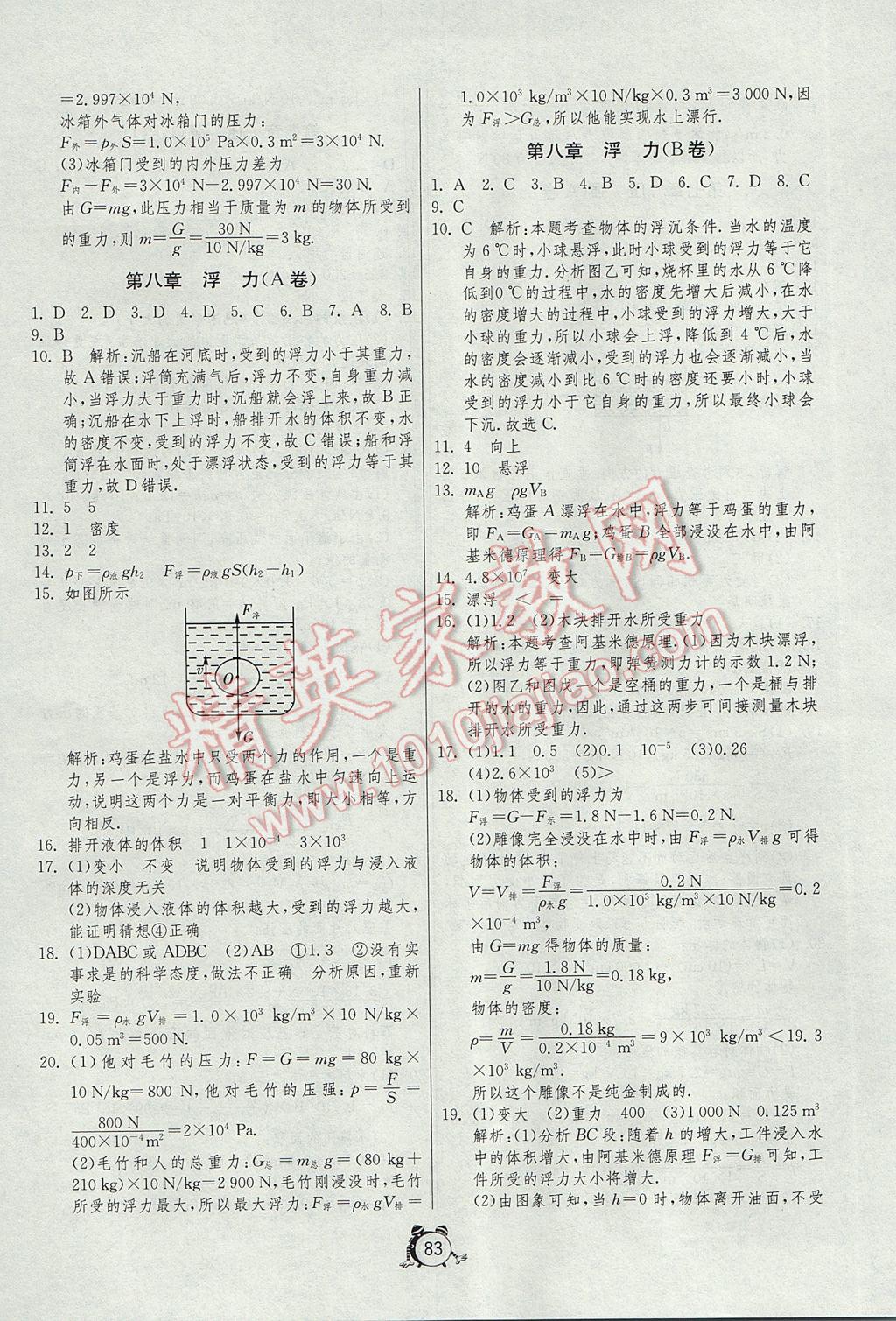 2017年初中單元測試卷八年級物理下冊魯科版五四制 參考答案第3頁