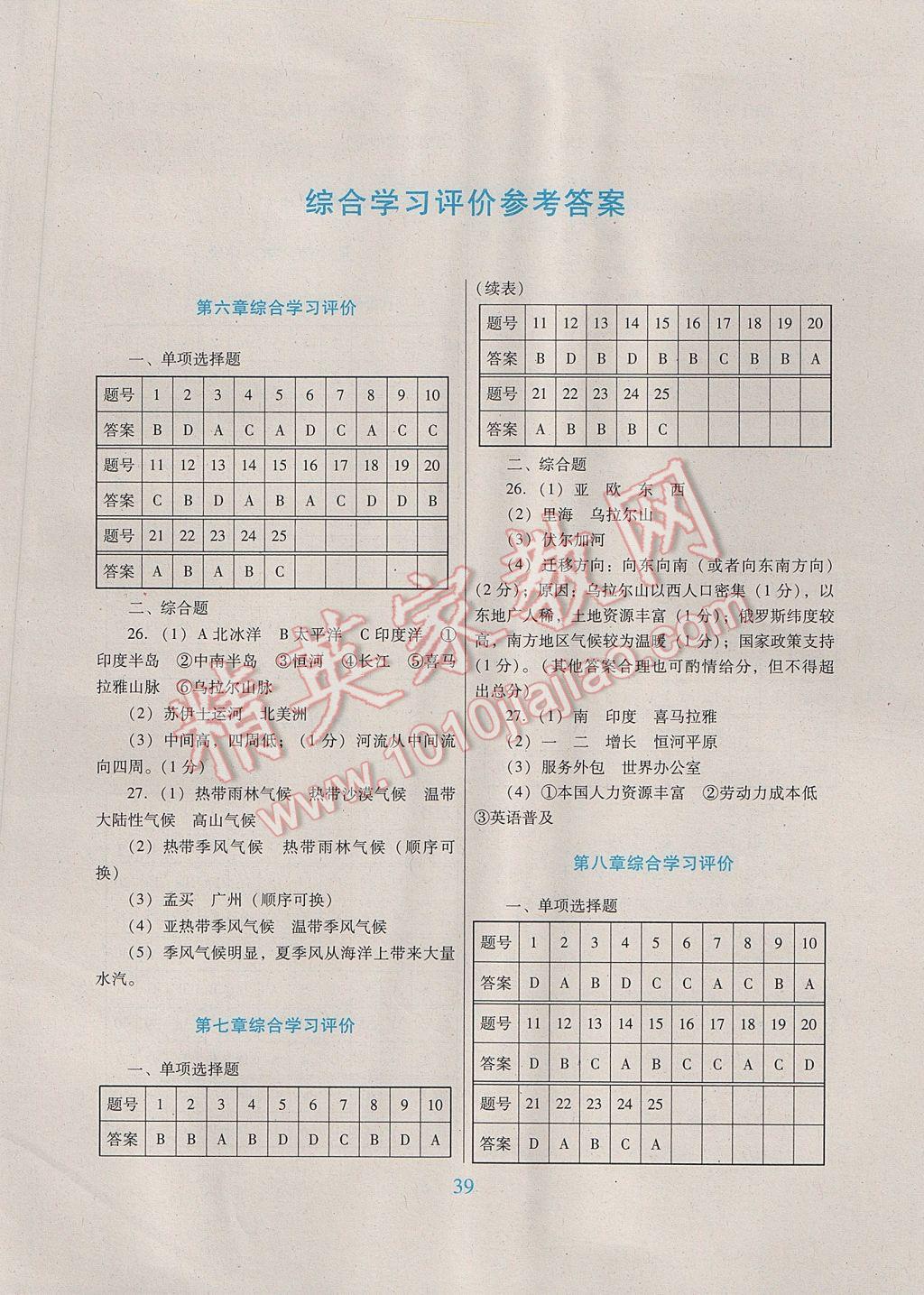 2017年南方新課堂金牌學(xué)案七年級地理下冊人教版 綜合學(xué)習(xí)評價答案第6頁