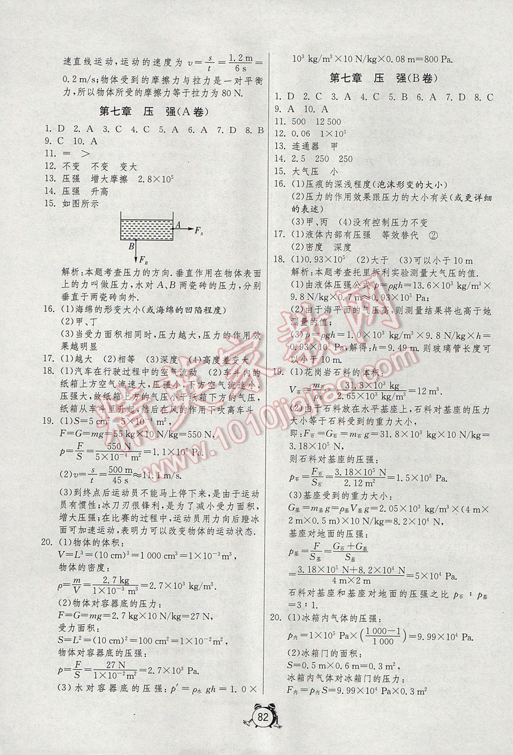 2017年初中單元測(cè)試卷八年級(jí)物理下冊(cè)魯科版五四制 參考答案第2頁(yè)