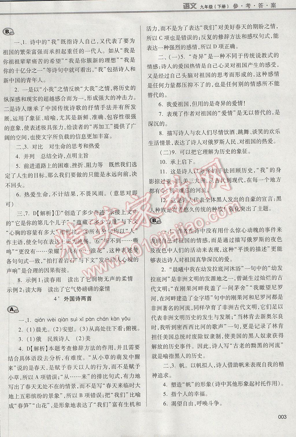 2017年学习质量监测九年级语文下册人教版 参考答案第3页