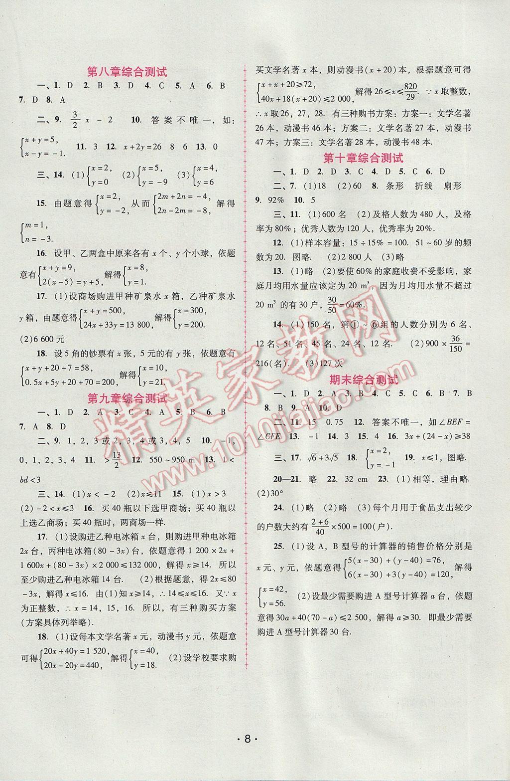 2017年自主與互動學習新課程學習輔導七年級數學下冊人教版 參考答案第8頁