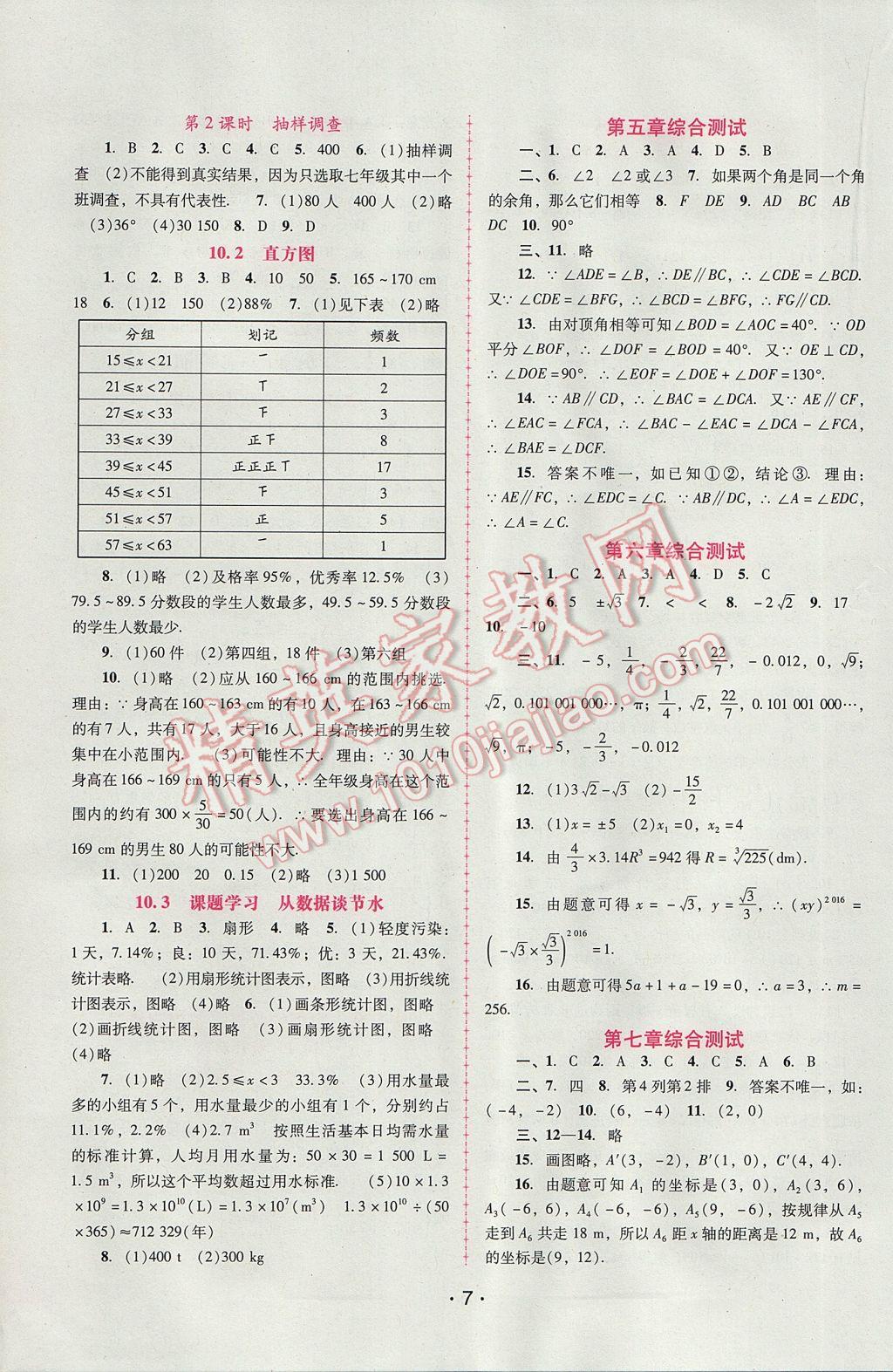 2017年自主與互動學習新課程學習輔導七年級數(shù)學下冊人教版 參考答案第7頁