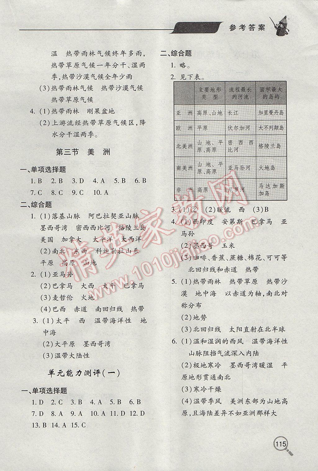 2017年新课堂同步学习与探究七年级地理下学期 参考答案第2页