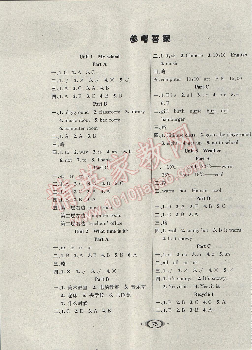 2017年小學(xué)生1課3練培優(yōu)作業(yè)本四年級(jí)英語(yǔ)下冊(cè)人教PEP版 參考答案第1頁(yè)