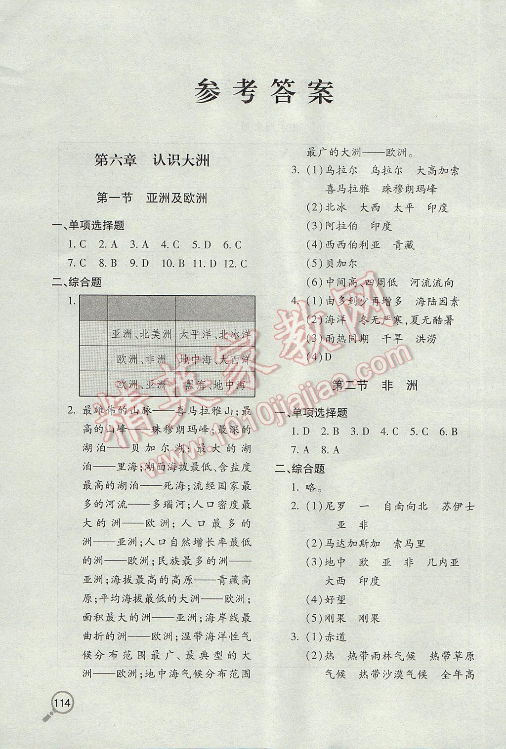 2017年新课堂同步学习与探究七年级地理下学期 参考答案第1页