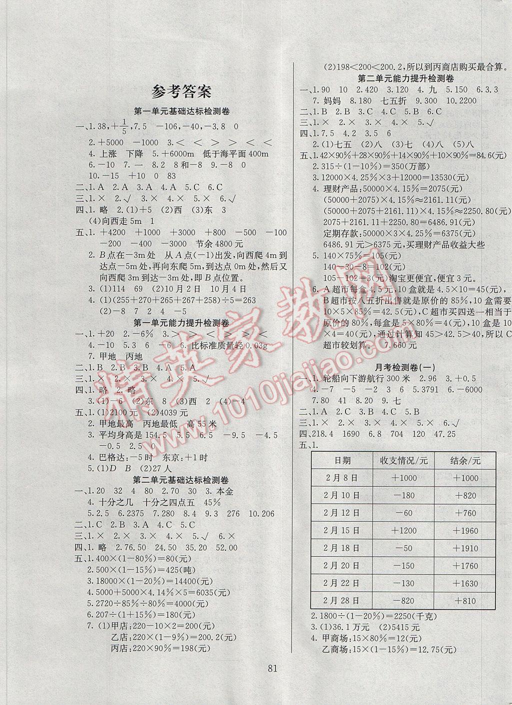 2017年同步检测卷六年级数学下册人教版 参考答案第1页