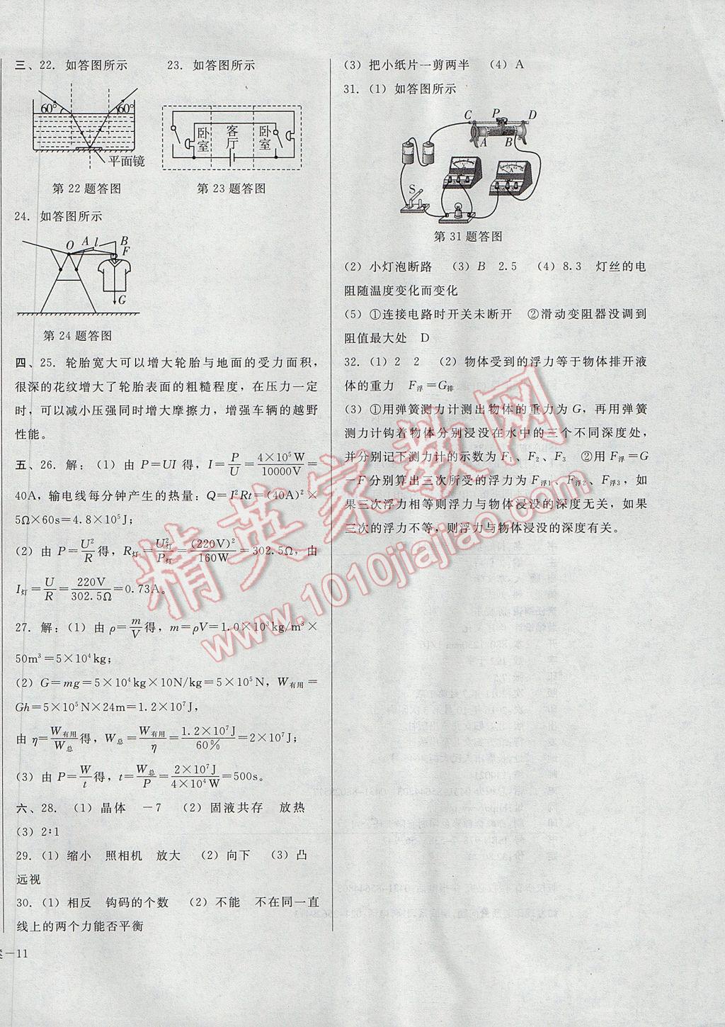 2017年勝券在握打好基礎(chǔ)金牌作業(yè)本九年級(jí)物理下冊(cè)人教版 參考答案第22頁(yè)