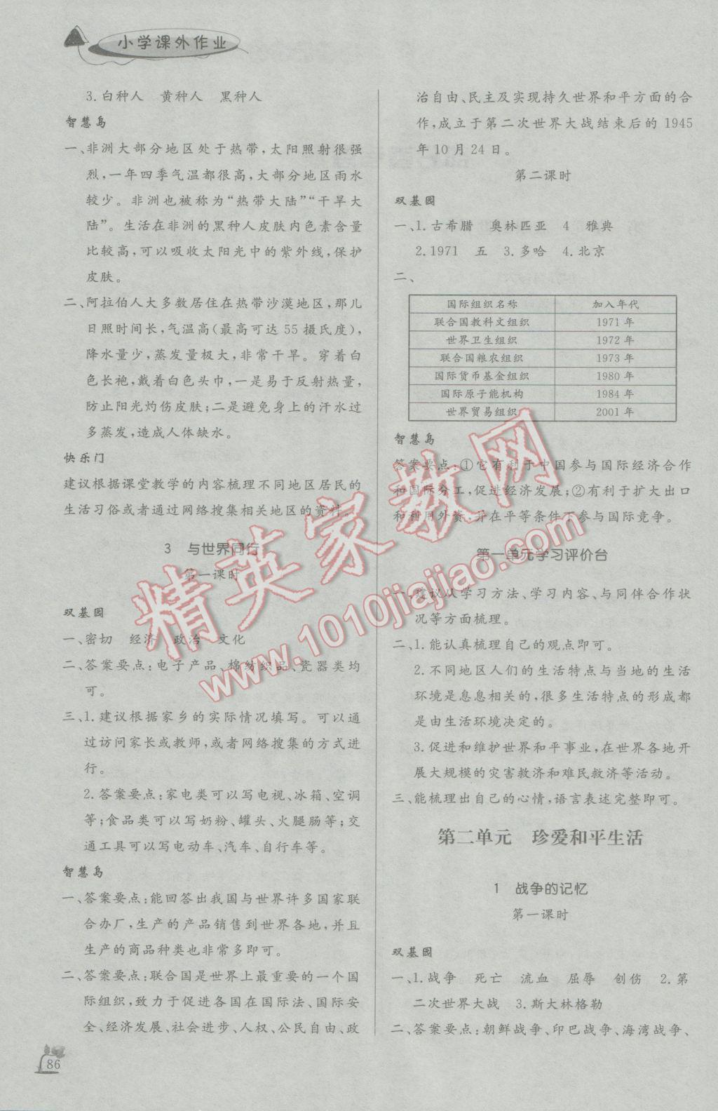 2017年小学课外作业六年级品德与社会下册 参考答案第1页