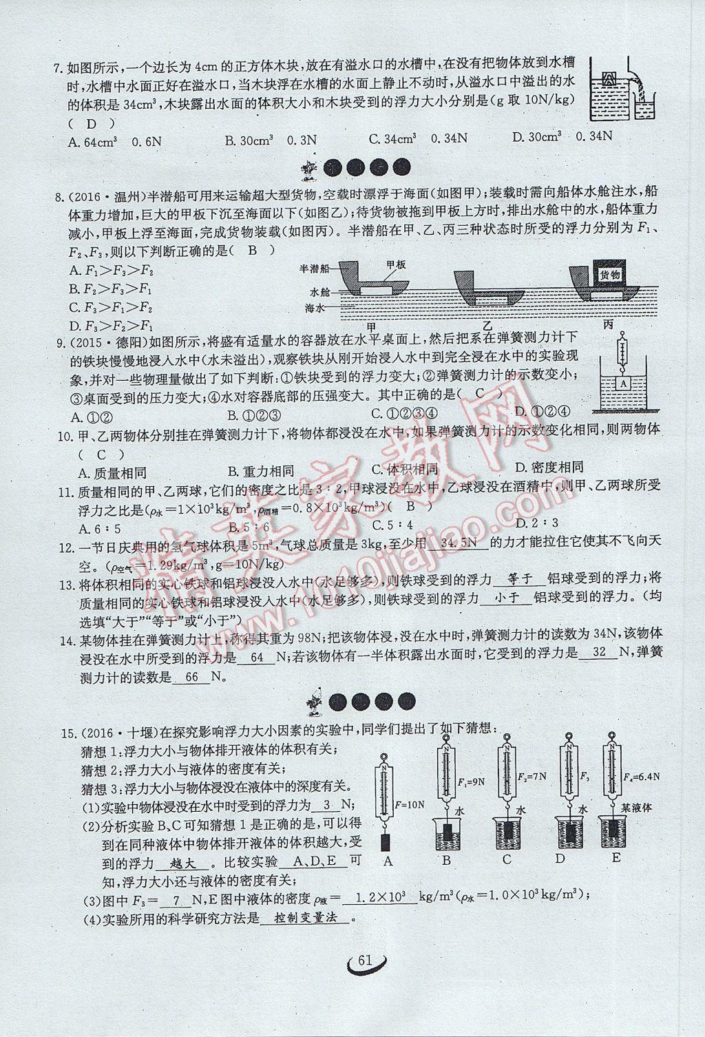 2017年思維新觀察八年級(jí)物理下冊(cè) 第十章 浮力第103頁(yè)