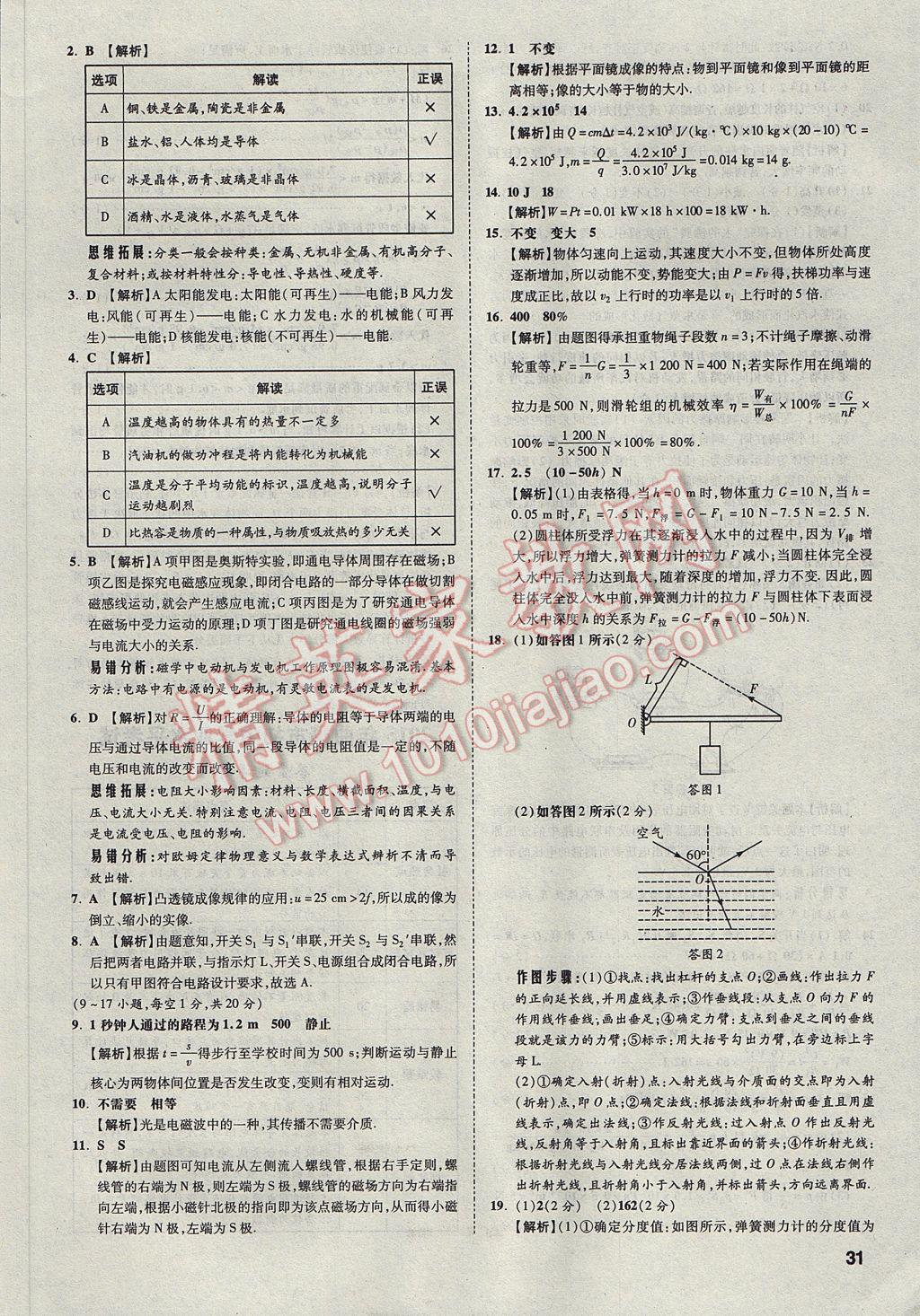 2017年云南中考方舟真题超详解物理 参考答案第30页