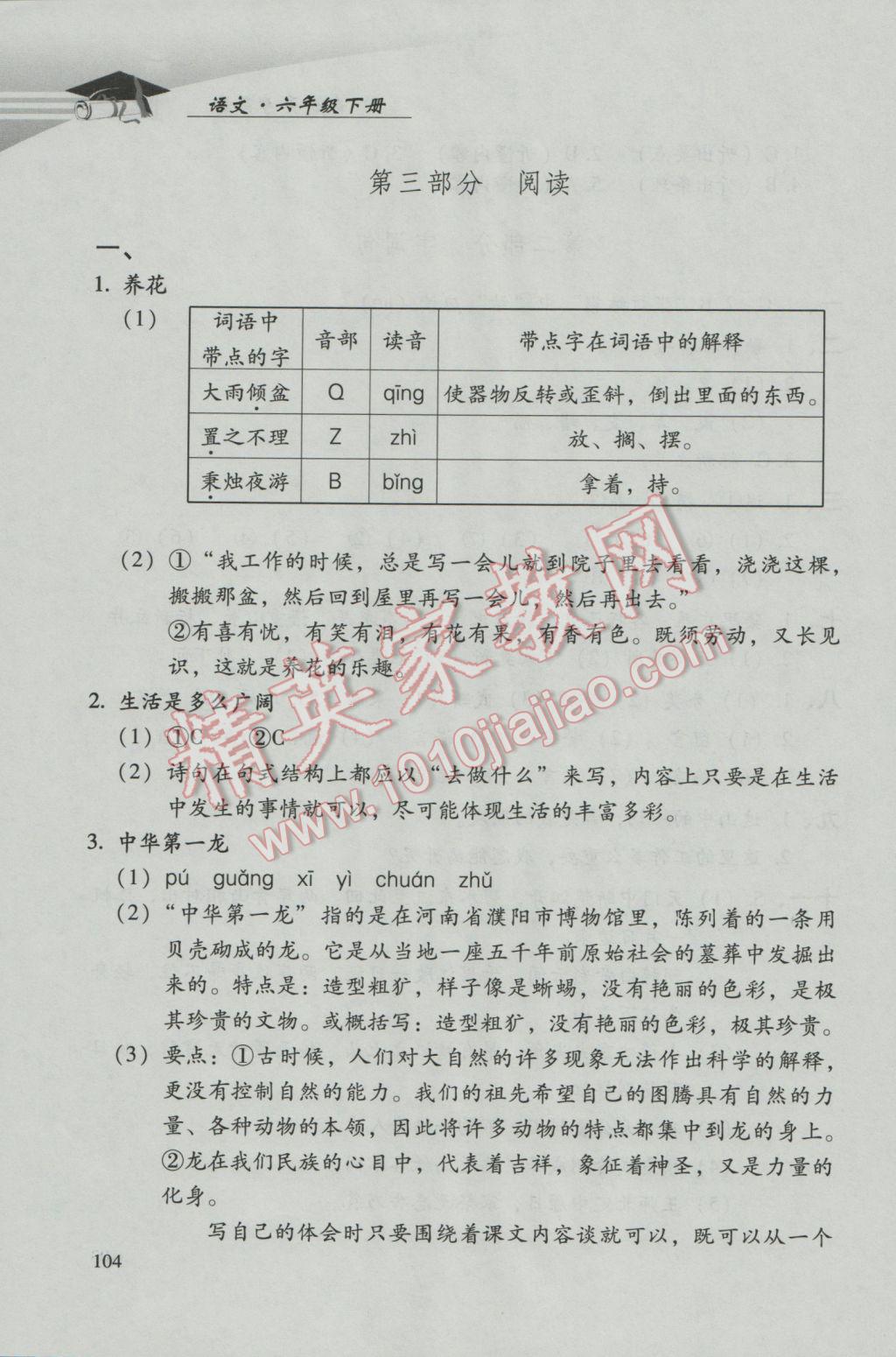 2017年学习探究诊断小学语文六年级下册人教版 参考答案第10页