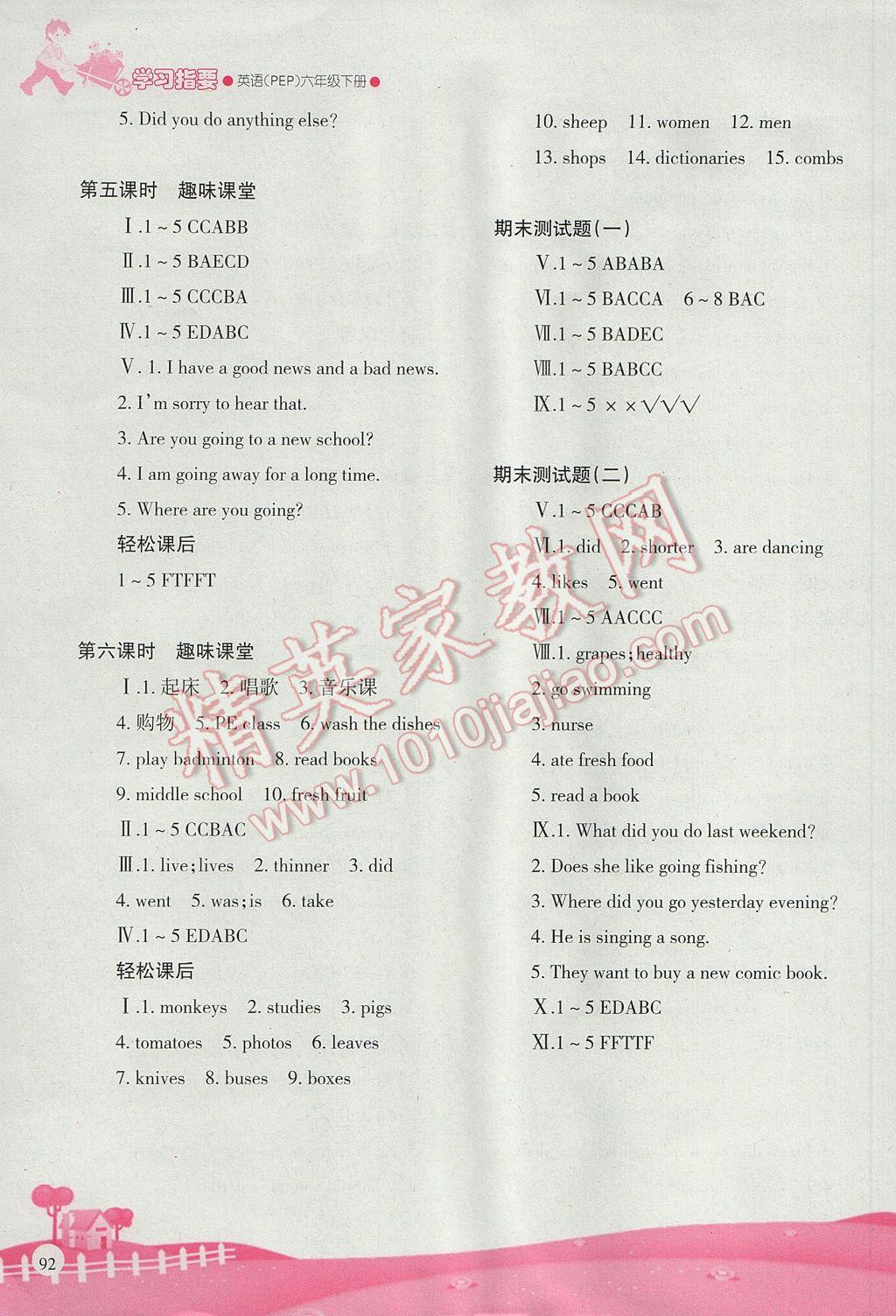 2017年學(xué)習(xí)指要六年級(jí)英語下冊人教PEP版 參考答案第10頁