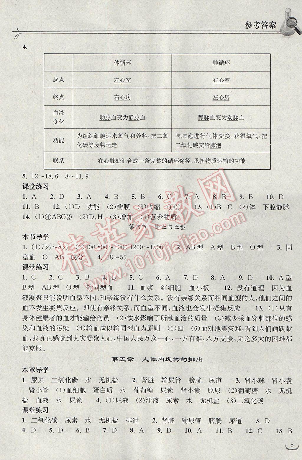 2017年长江作业本同步练习册七年级生物学下册人教版 参考答案第5页