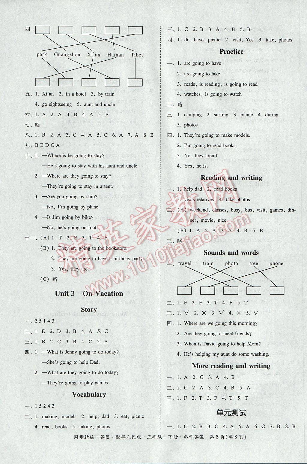 2017年同步精練五年級英語下冊粵人民版 參考答案第3頁