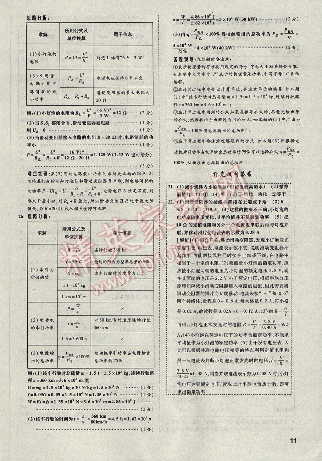 2017年云南中考方舟真题超详解物理 参考答案第10页