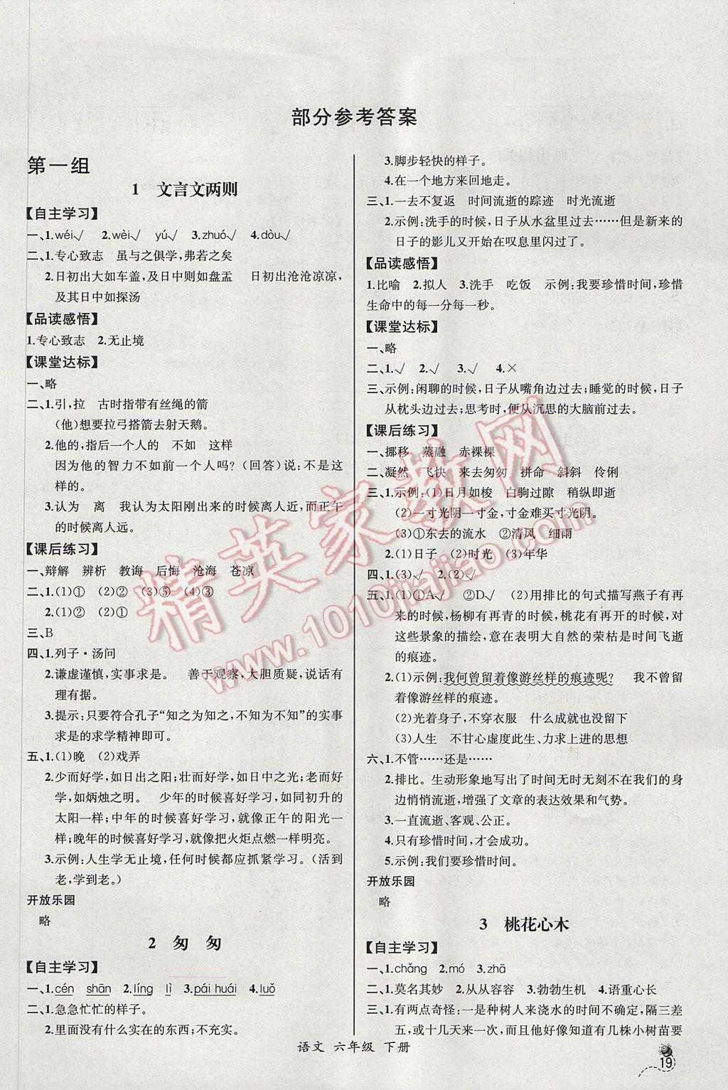 2017年同步导学案课时练六年级语文下册人教版河北专版 参考答案第1页