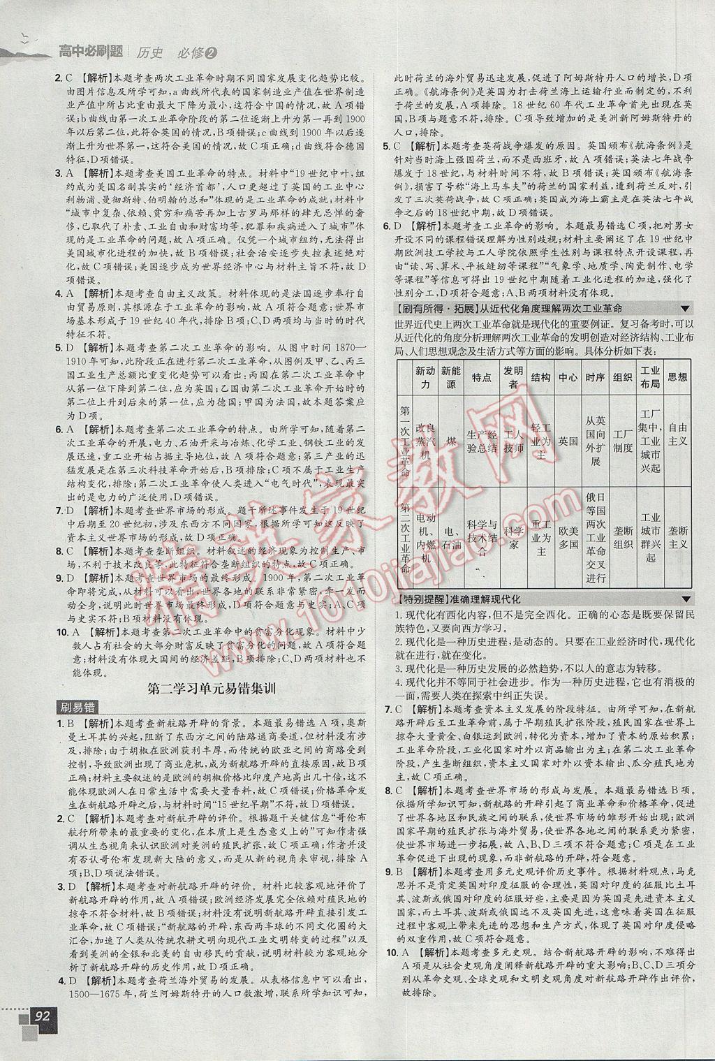 高中必刷题历史必修2考点同步训练 参考答案第10页