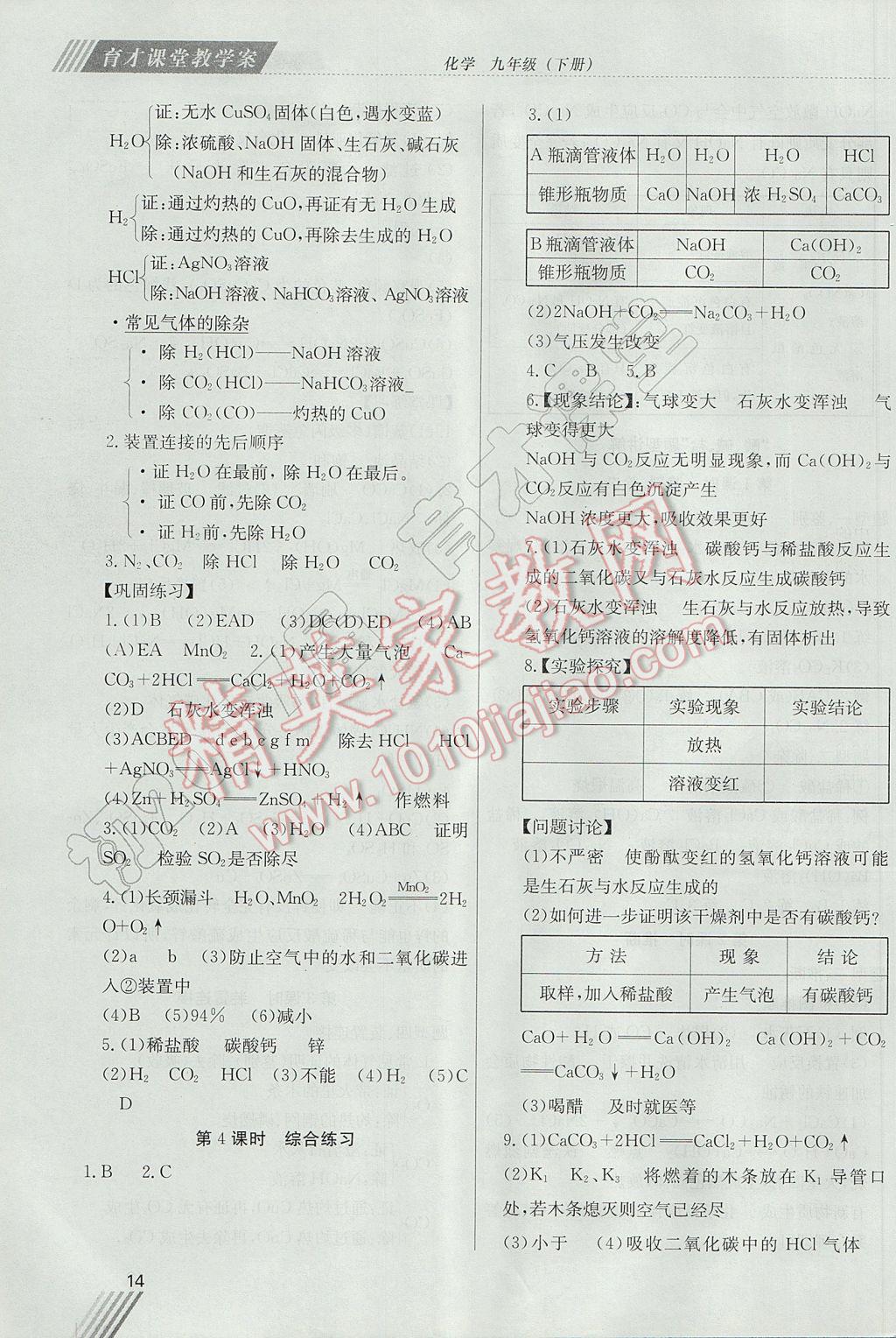 2017年育才课堂教学案九年级化学下册 参考答案第14页