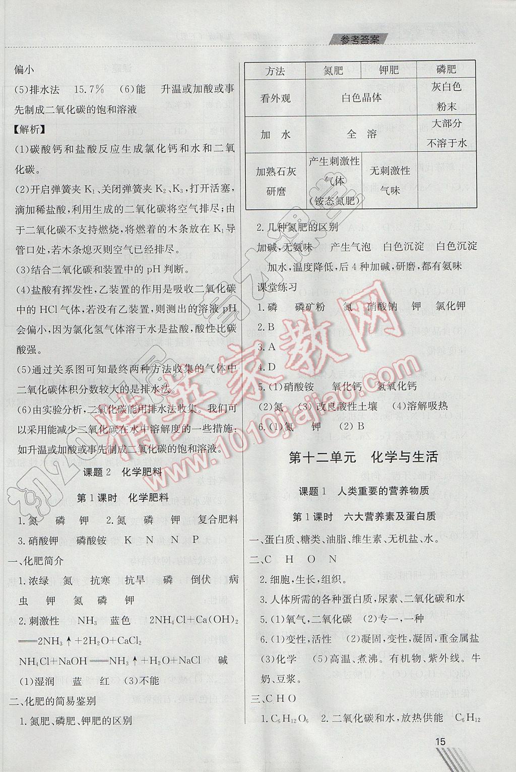 2017年育才课堂教学案九年级化学下册 参考答案第15页