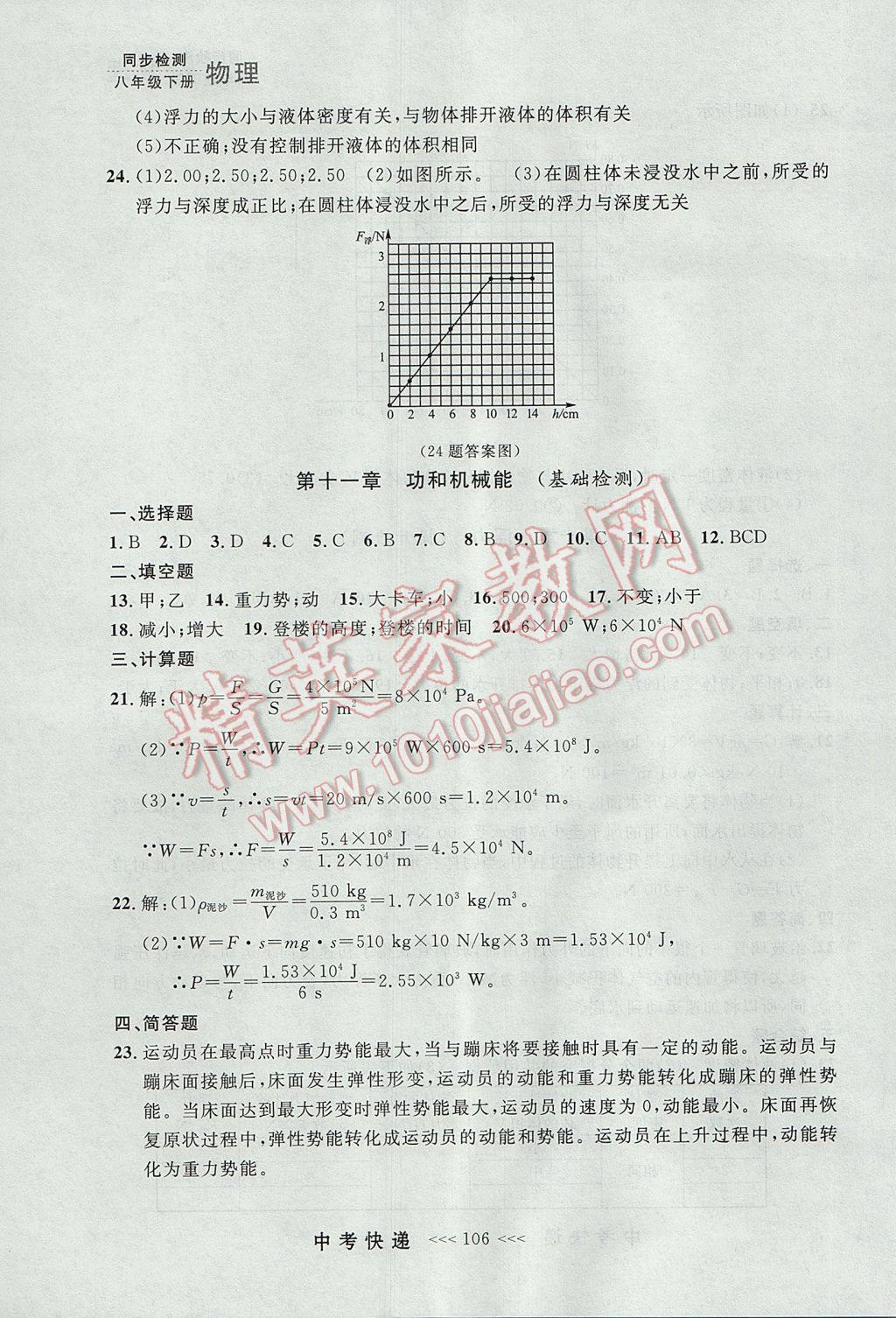 2017年中考快递同步检测八年级物理下册人教版大连专用 参考答案第26页