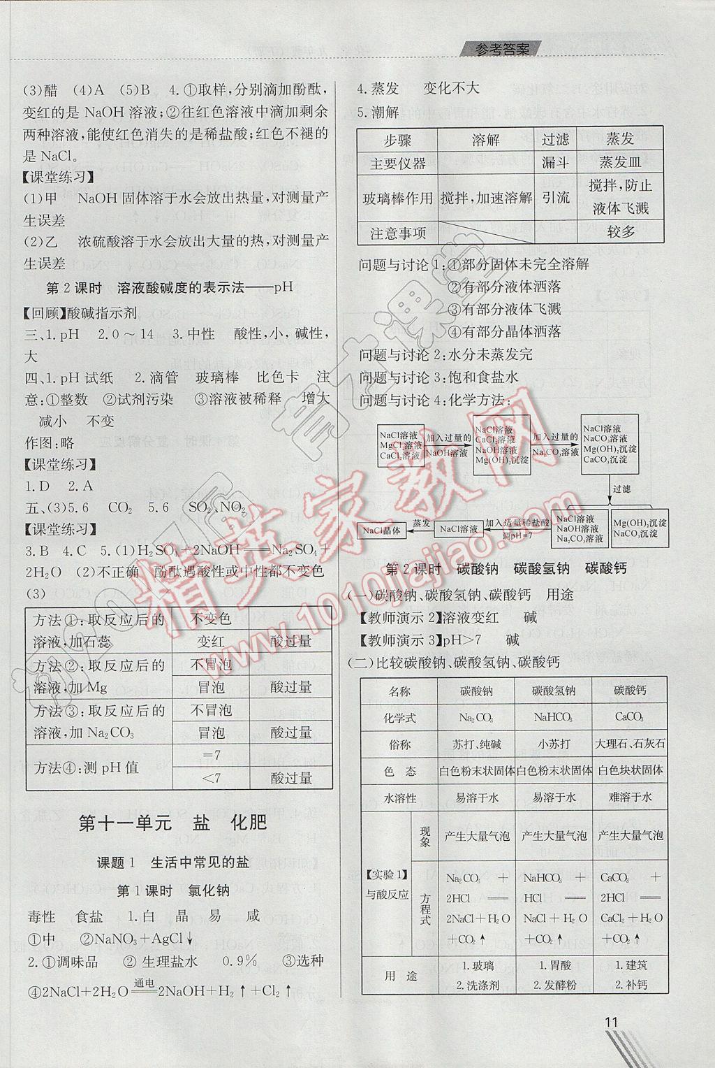 2017年育才課堂教學(xué)案九年級(jí)化學(xué)下冊(cè) 參考答案第11頁(yè)