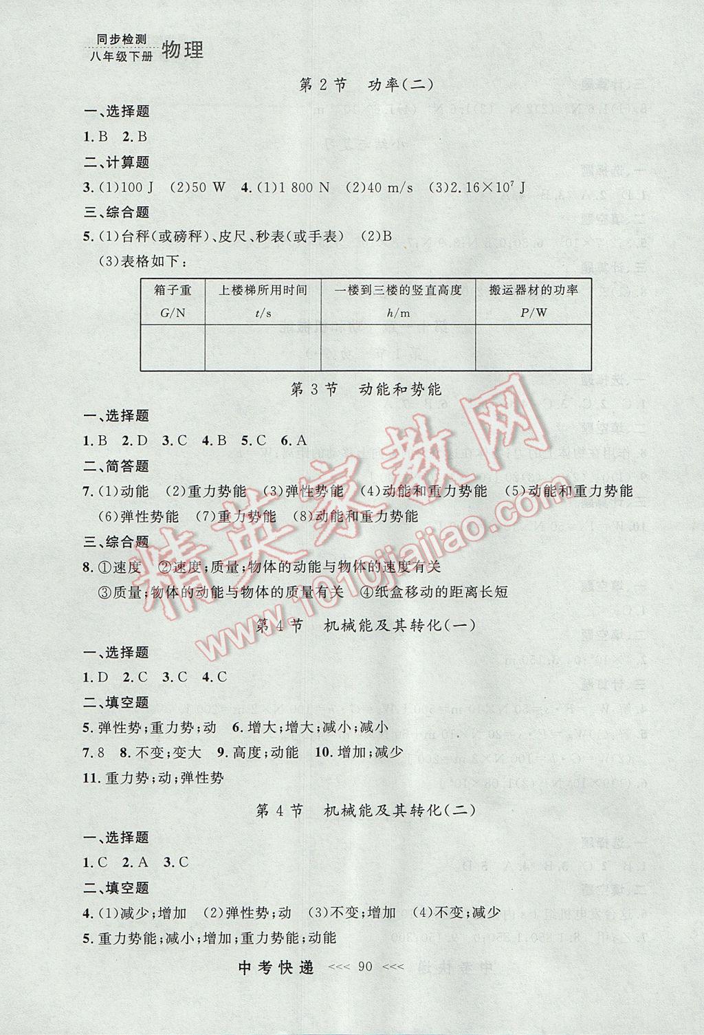 2017年中考快遞同步檢測(cè)八年級(jí)物理下冊(cè)人教版大連專用 參考答案第10頁(yè)