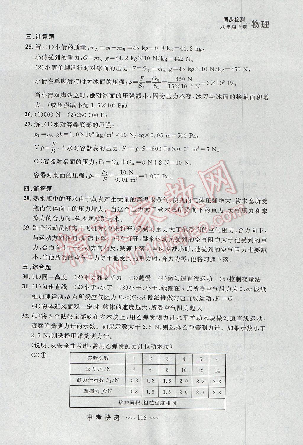 2017年中考快遞同步檢測八年級物理下冊人教版大連專用 參考答案第23頁