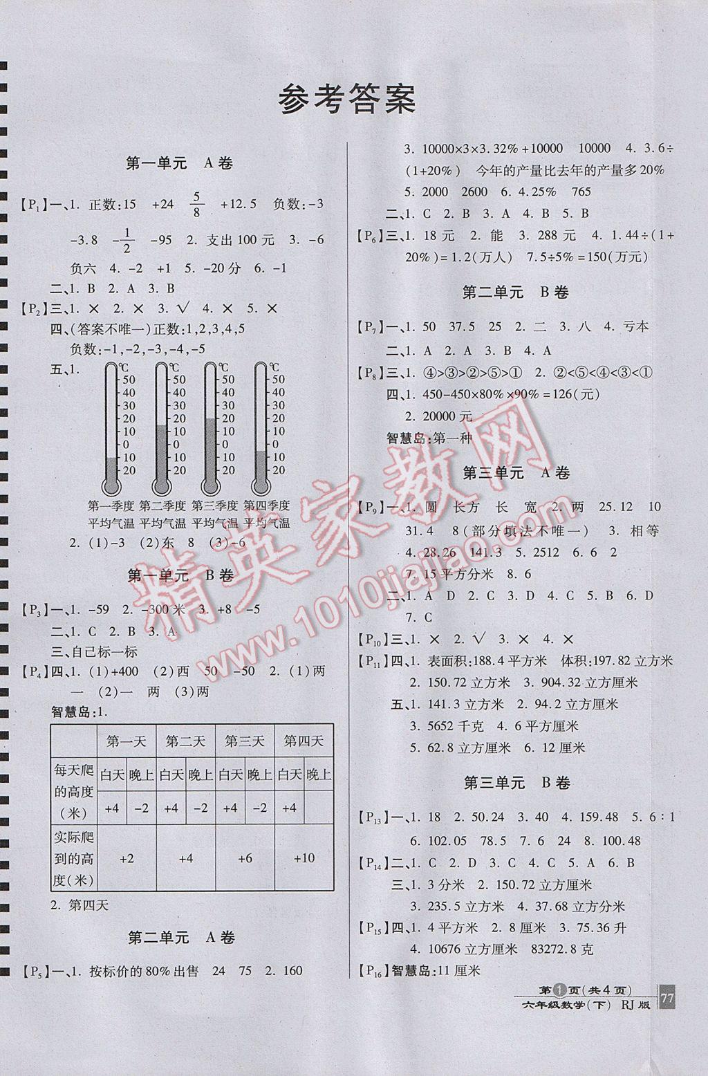 2017年最新AB卷六年级数学下册人教版 参考答案第1页