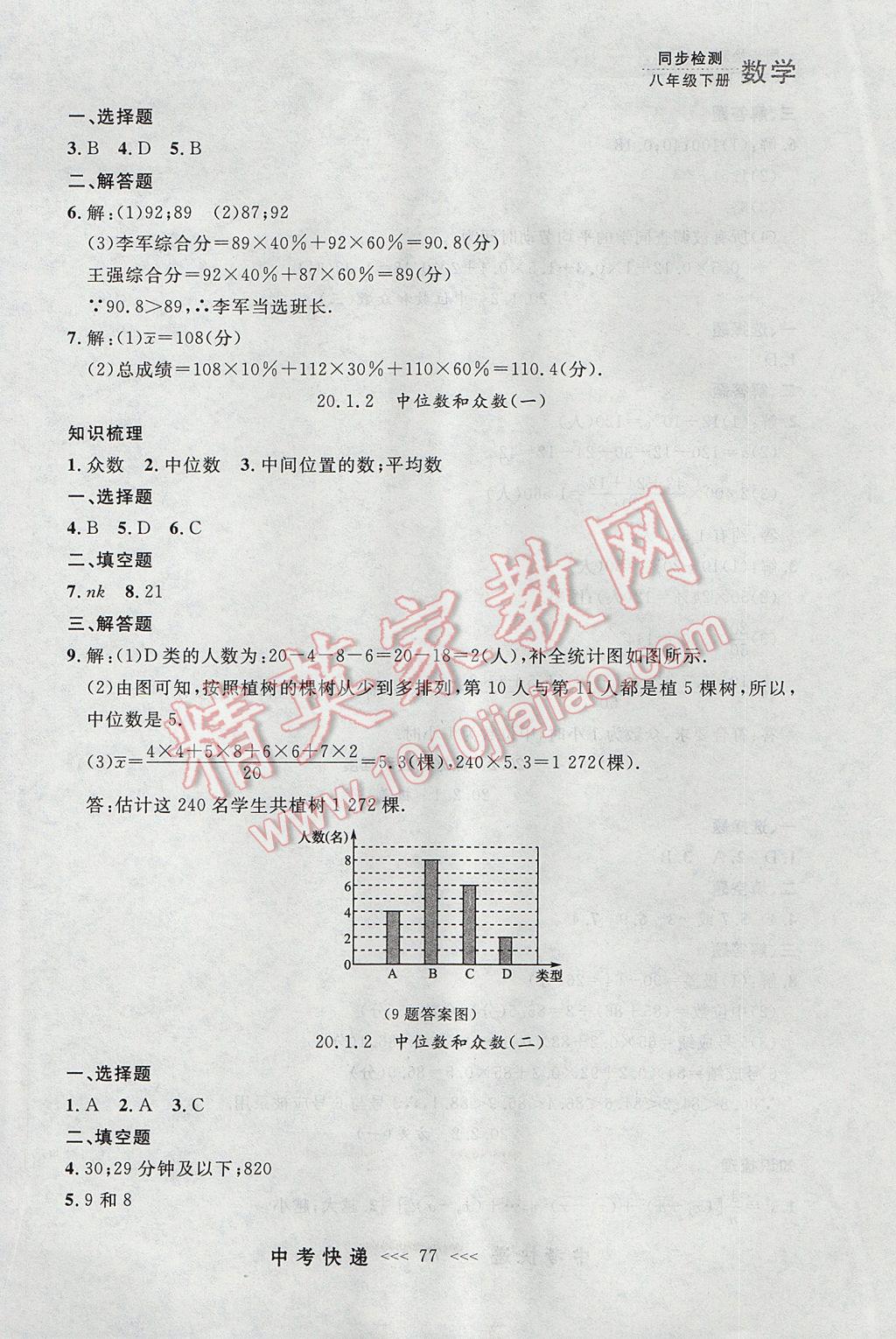 2017年中考快递同步检测八年级数学下册人教版大连专用 参考答案第21页