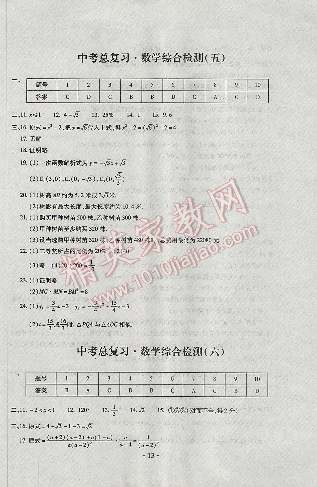 2017年中考總復(fù)習(xí)專項(xiàng)訓(xùn)練加綜合檢測(cè)數(shù)學(xué) 參考答案第14頁(yè)