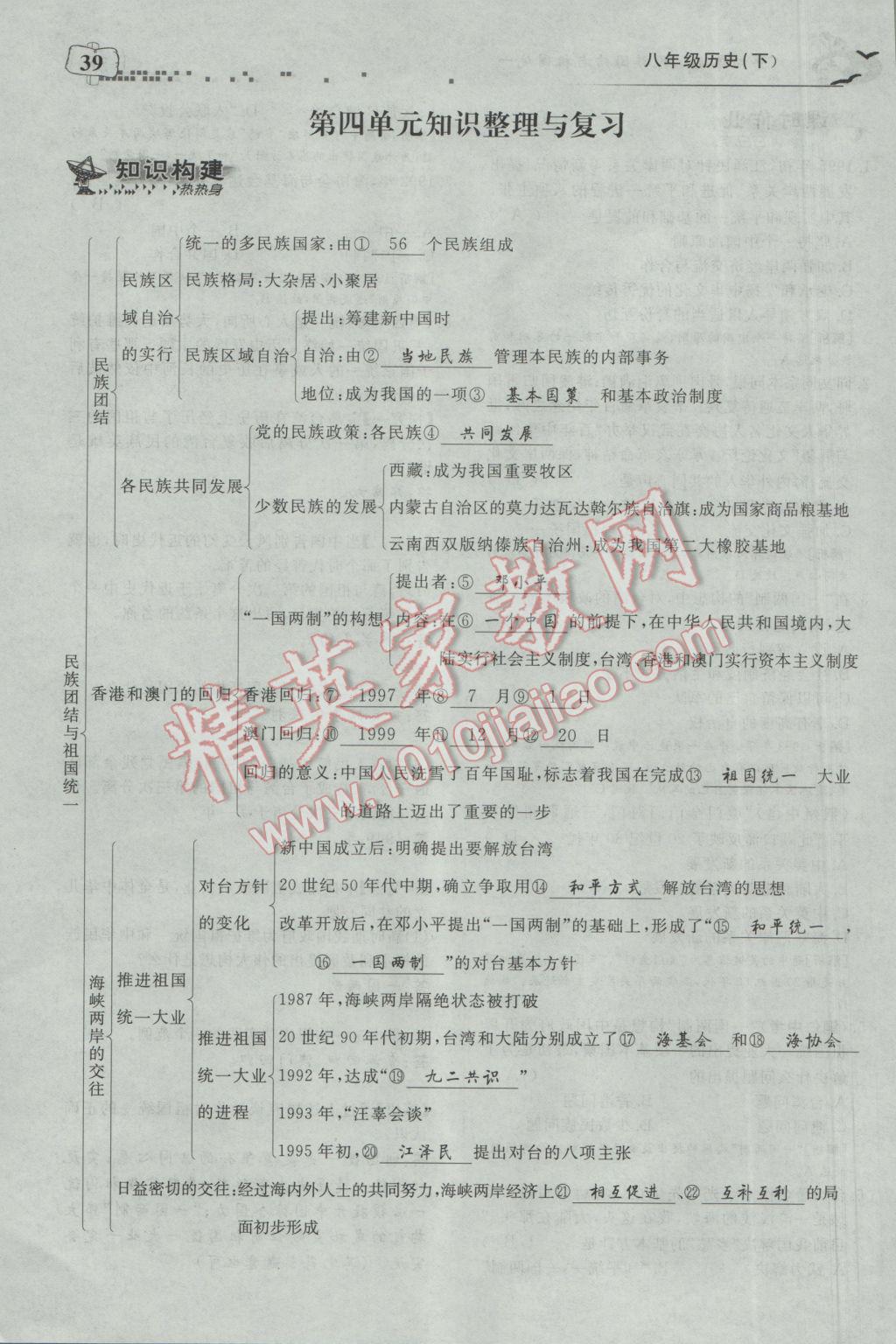 2017年351高效课堂导学案八年级历史下册 第四单元 民族团结与祖国统一第97页