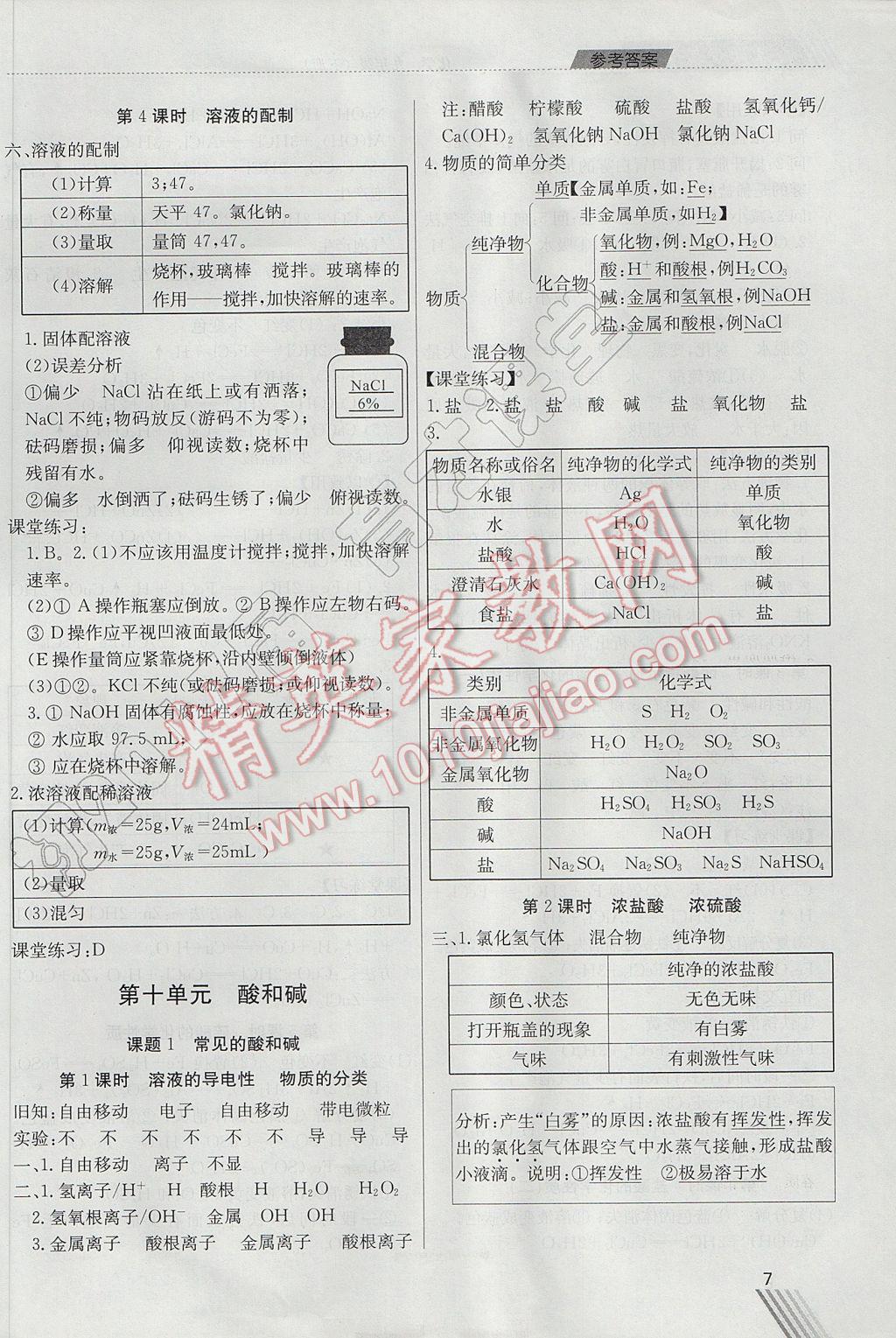 2017年育才课堂教学案九年级化学下册 参考答案第7页