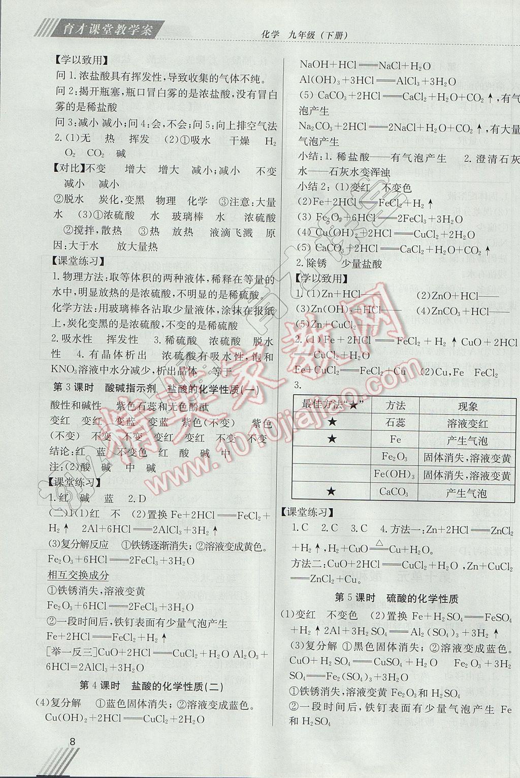 2017年育才課堂教學(xué)案九年級(jí)化學(xué)下冊(cè) 參考答案第8頁