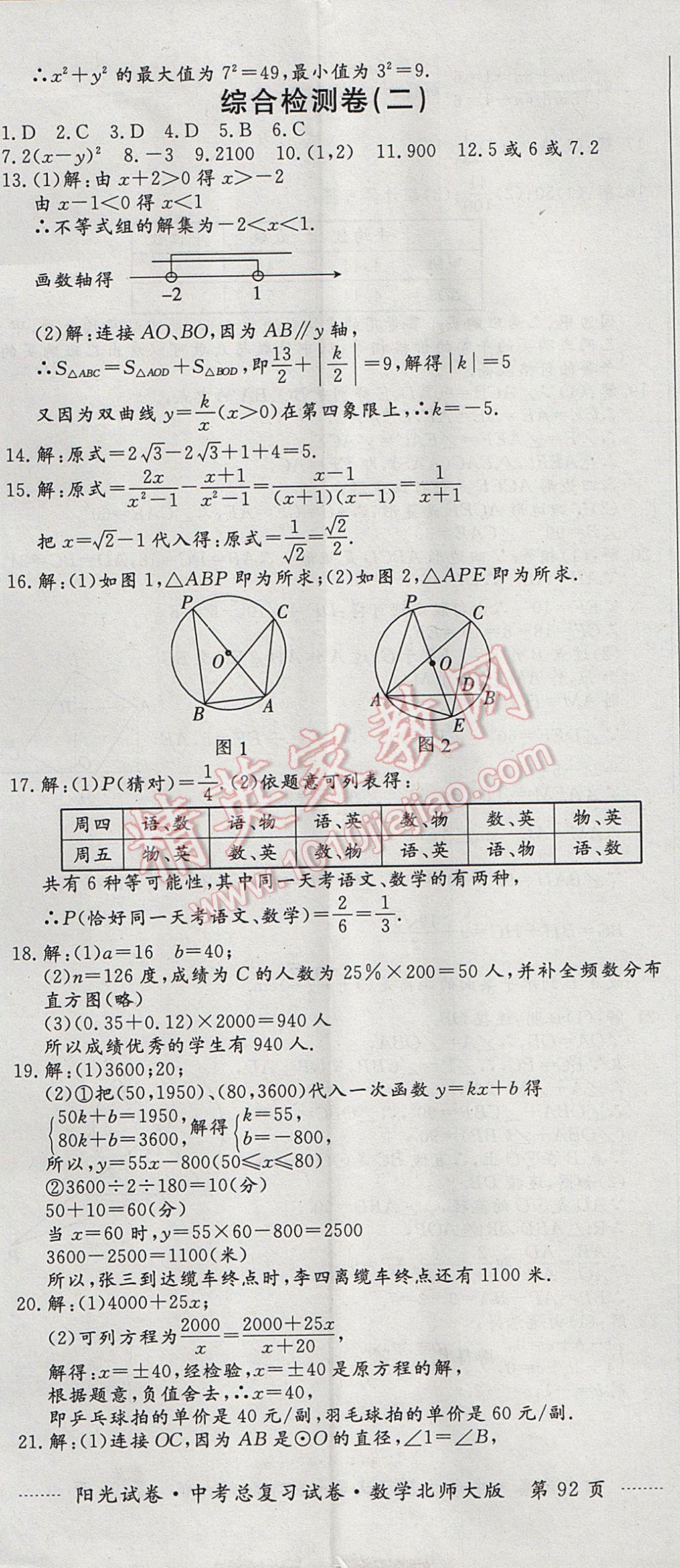 2017年陽光試卷中考總復(fù)習(xí)試卷數(shù)學(xué)北師大版 參考答案第20頁