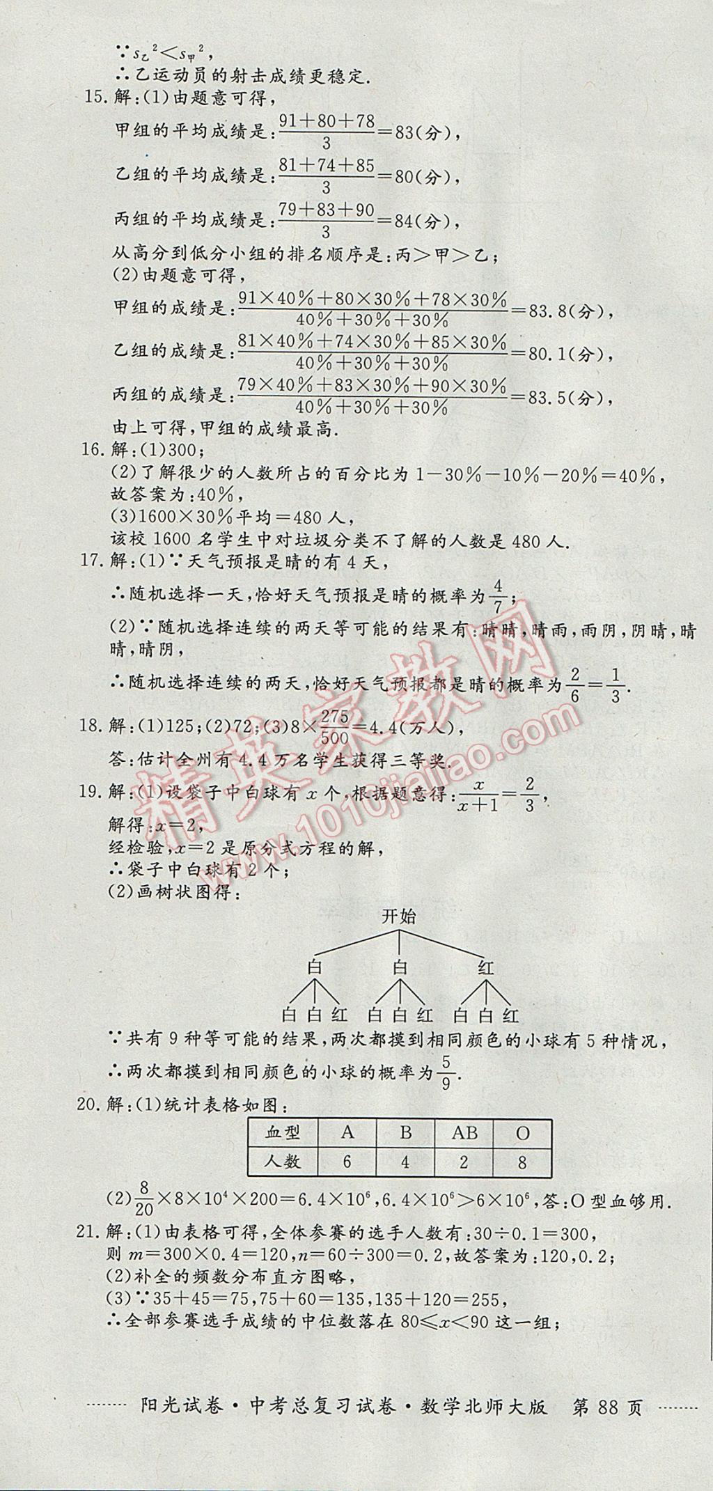 2017年陽(yáng)光試卷中考總復(fù)習(xí)試卷數(shù)學(xué)北師大版 參考答案第16頁(yè)