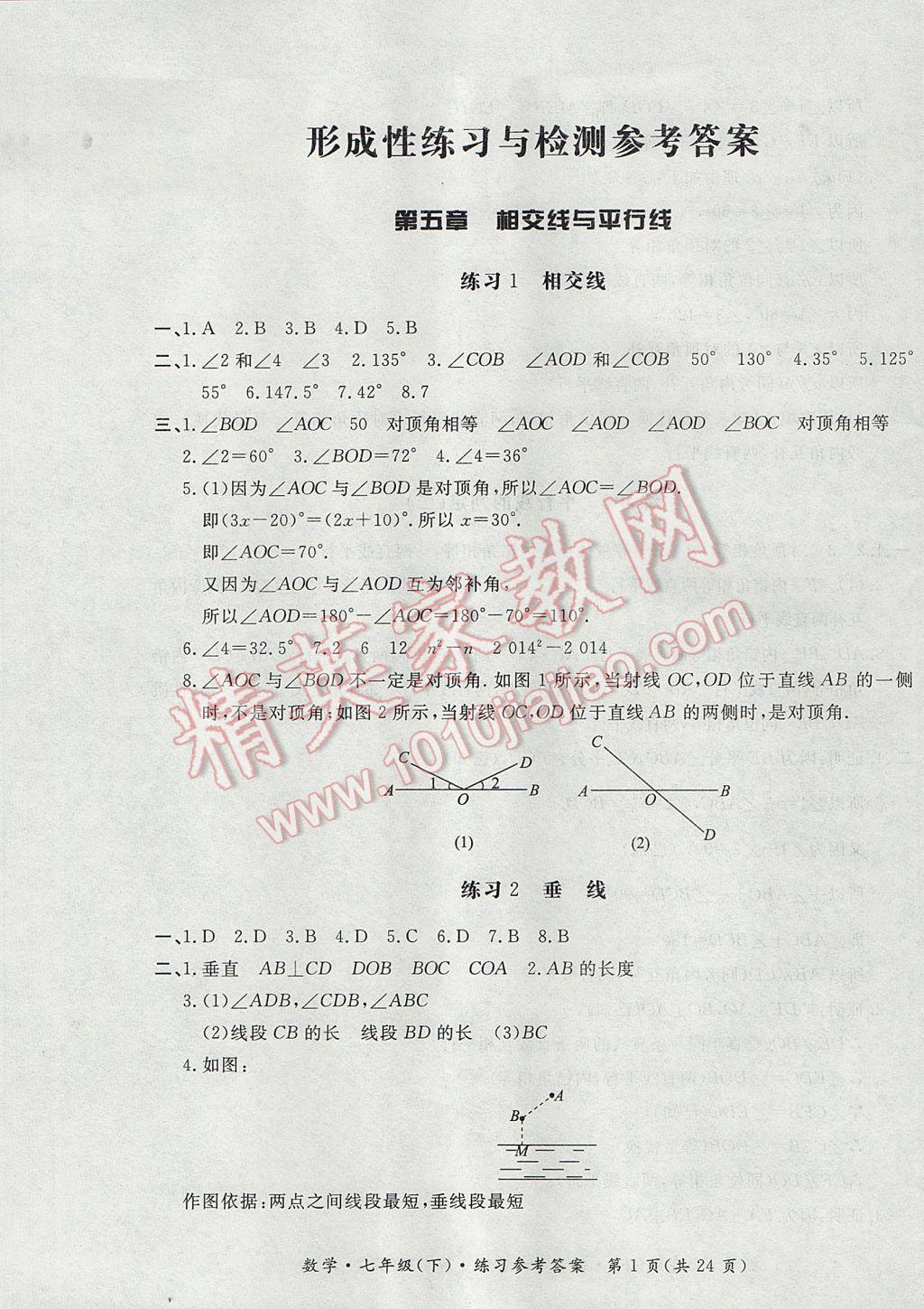 2017年新課標(biāo)形成性練習(xí)與檢測七年級數(shù)學(xué)下冊 參考答案第1頁