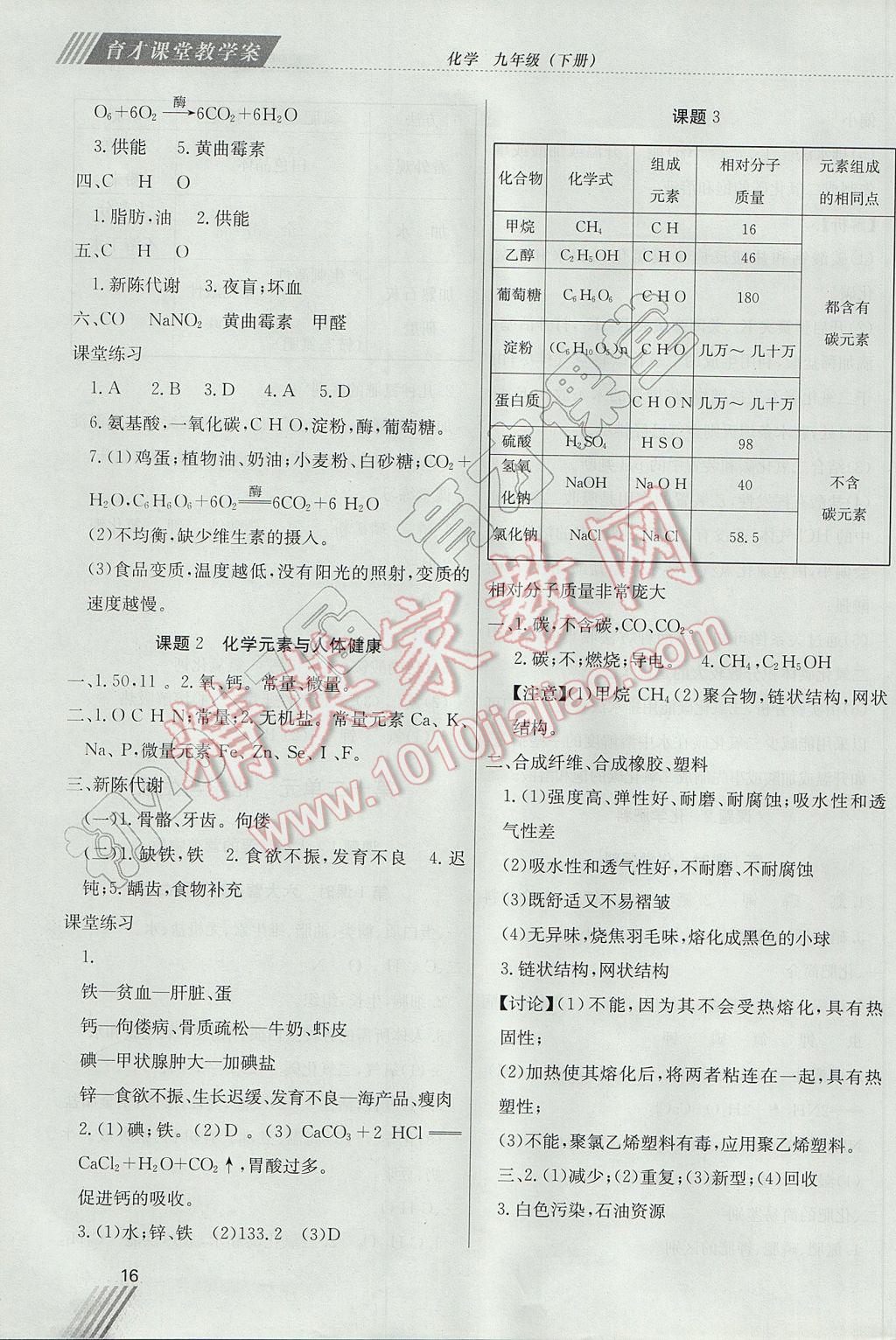 2017年育才课堂教学案九年级化学下册 参考答案第16页