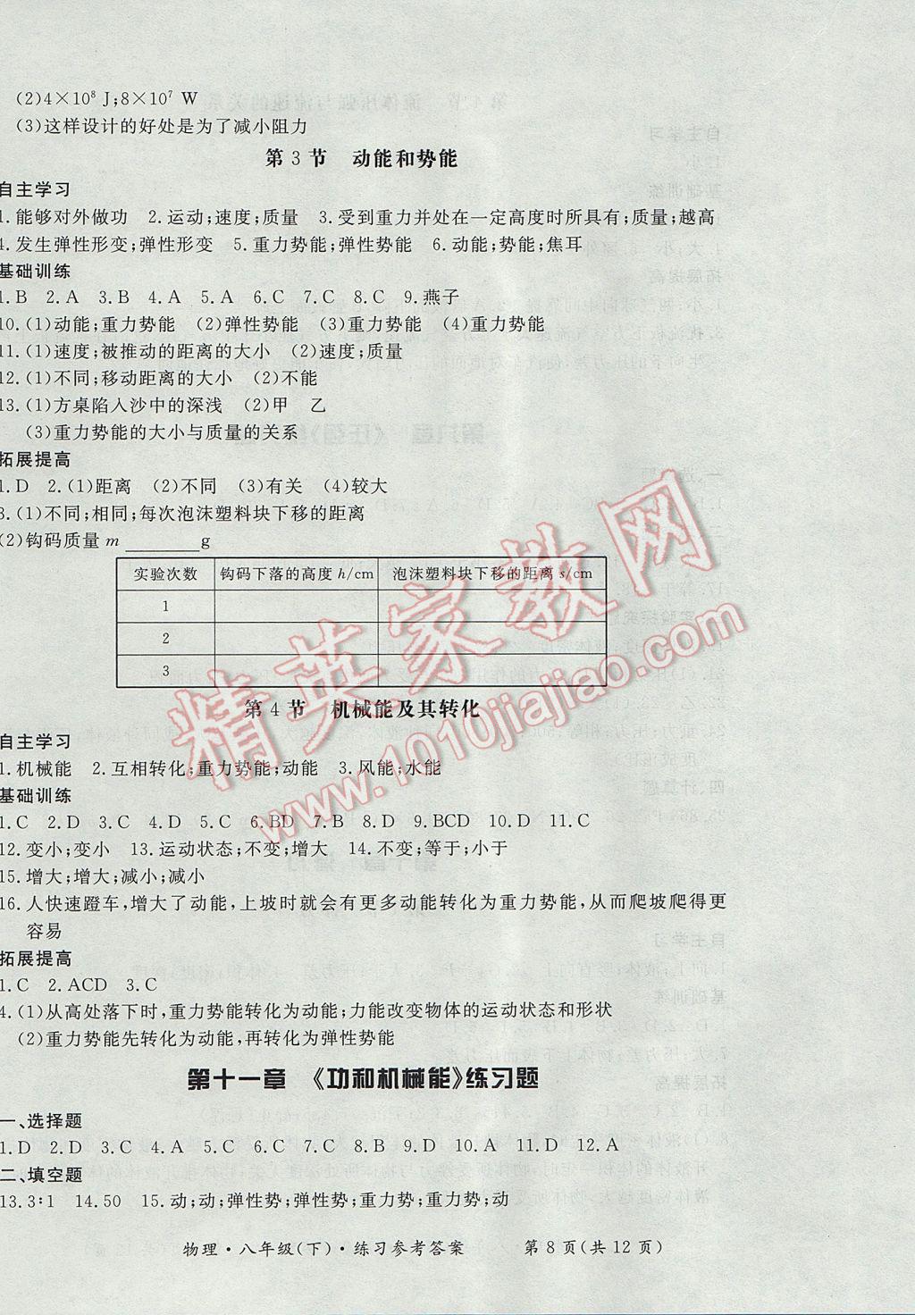 2017年新課標(biāo)形成性練習(xí)與檢測八年級物理下冊 參考答案第8頁