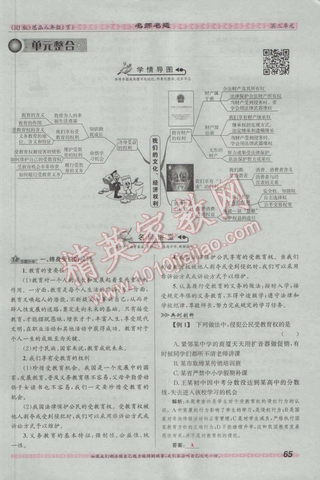 2017年优学名师名题八年级思想品德下册人教版 第三单元 我们的文化、经济权利第66页