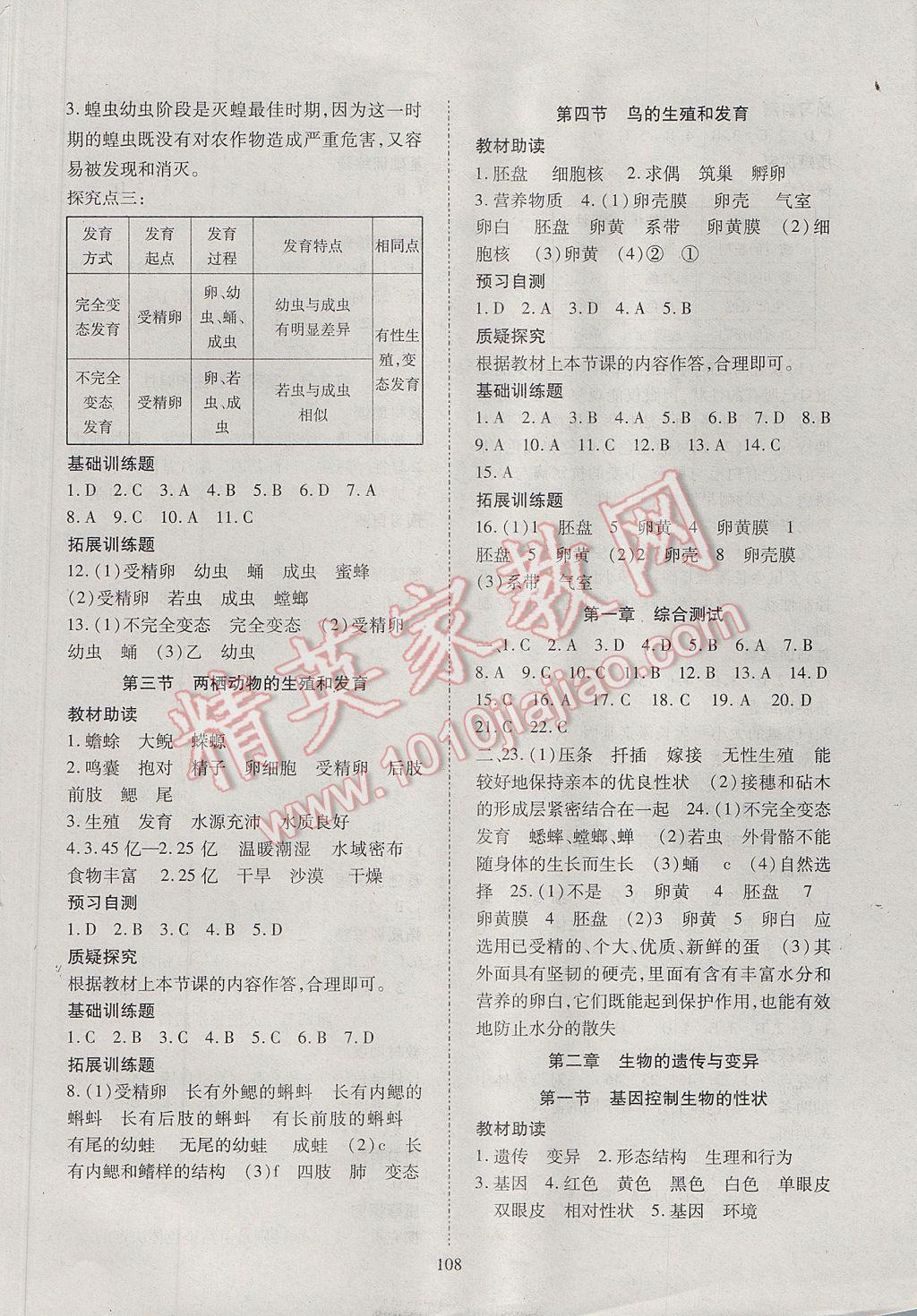 2017年資源與評價八年級生物學下冊人教版 參考答案第2頁