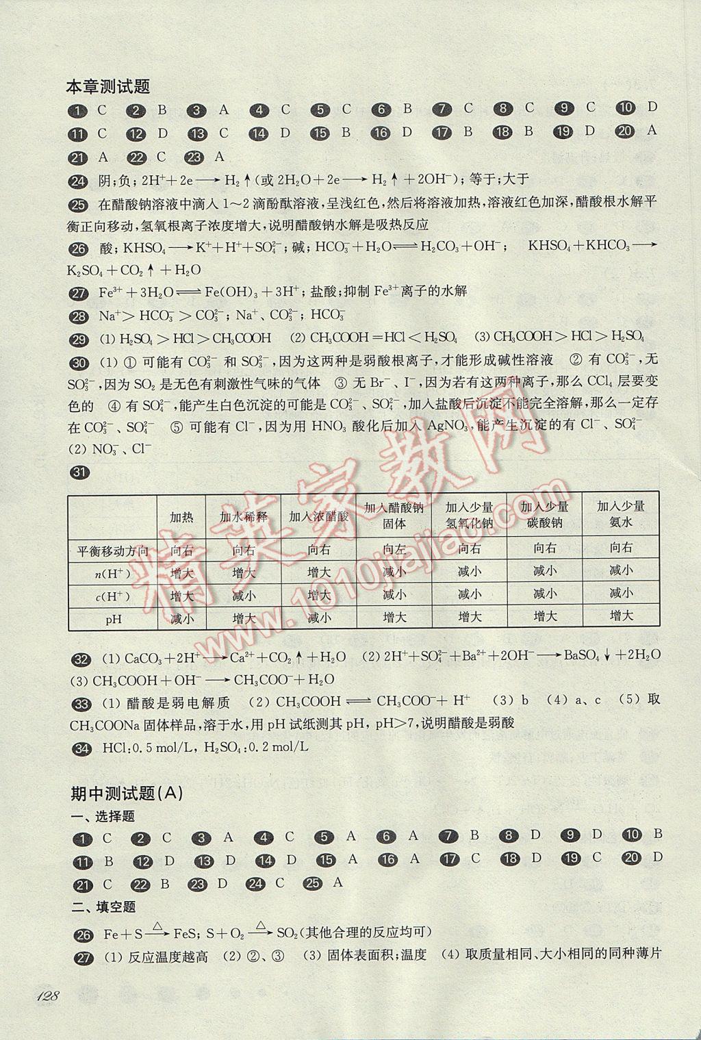 华东师大版一课一练高一化学第二学期 参考答案第12页