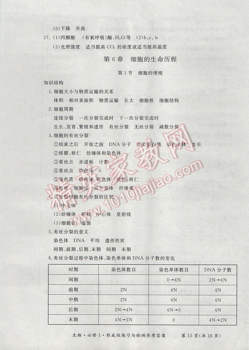 新課標(biāo)形成性練習(xí)與檢測(cè)生物必修1 參考答案第13頁