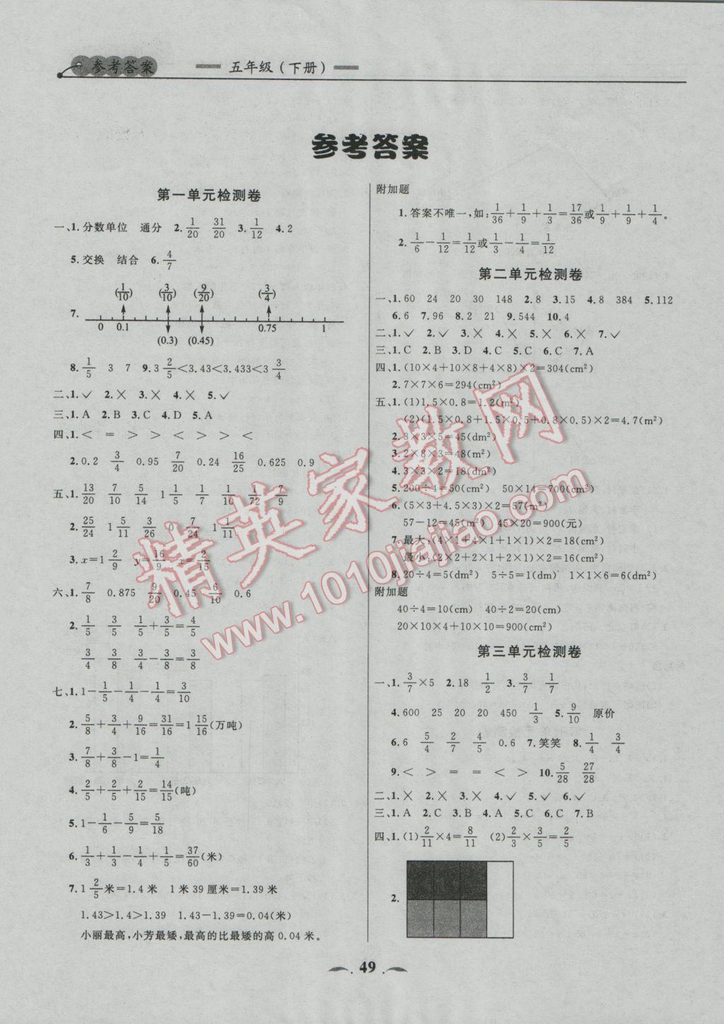 2017年点石成金金牌每课通五年级数学下册北师大版 单元检测卷参考答案第9页