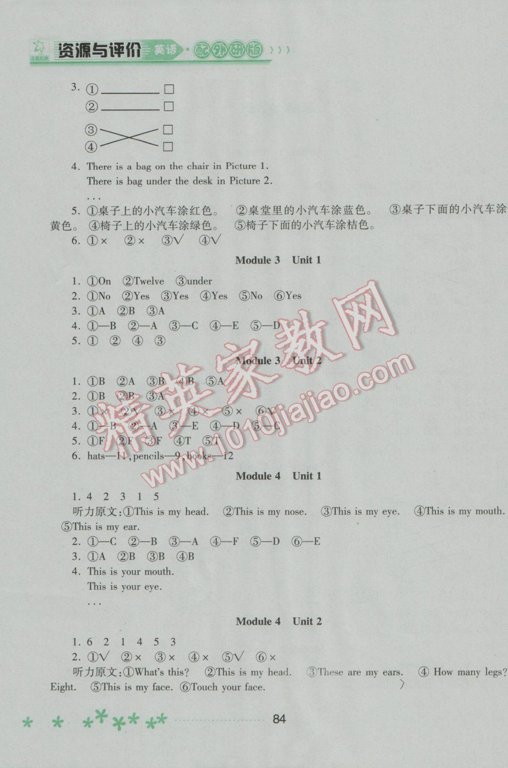 2017年資源與評價一年級英語下冊外研版 參考答案第2頁