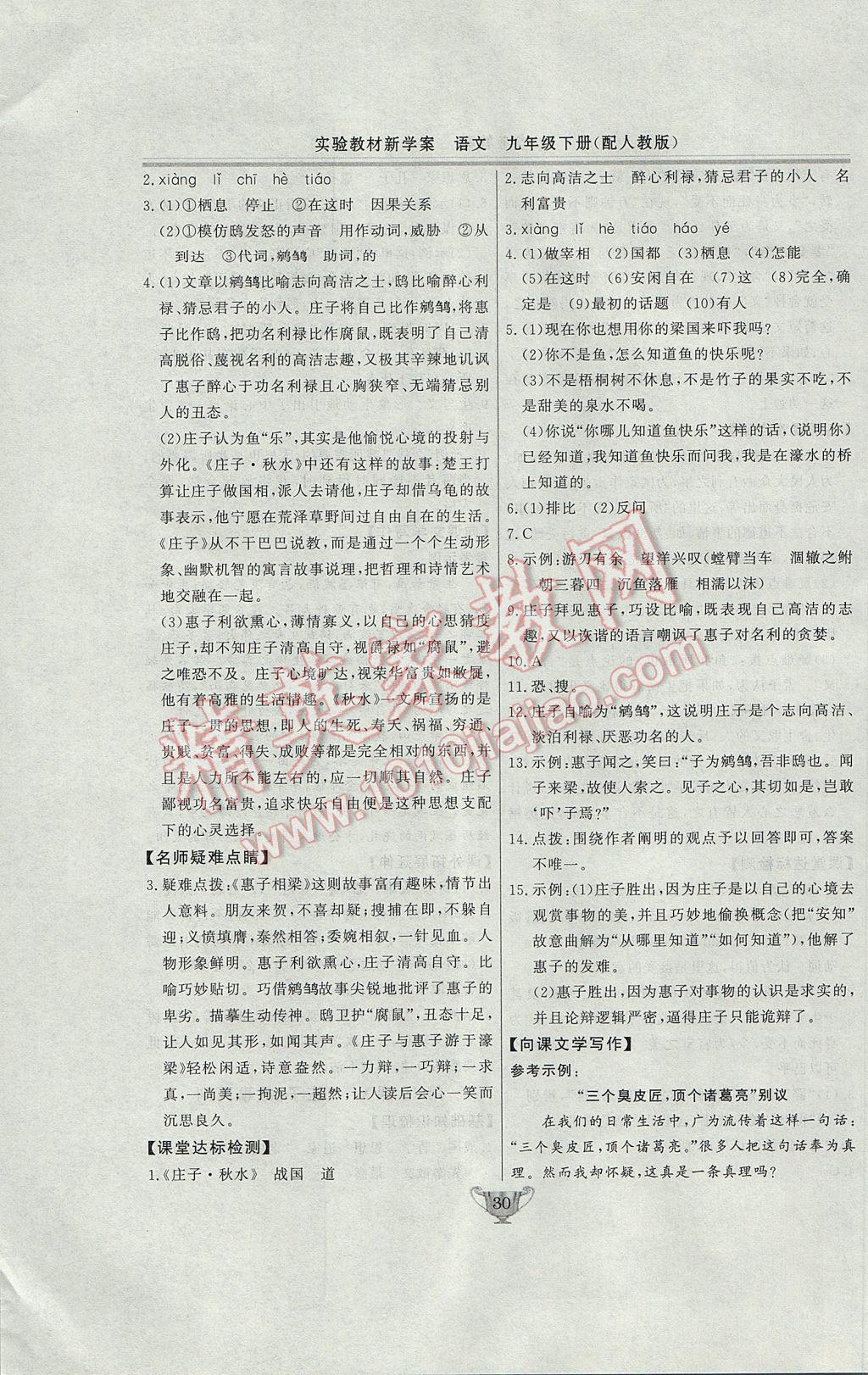 2017年實驗教材新學案九年級語文下冊人教版 參考答案第30頁