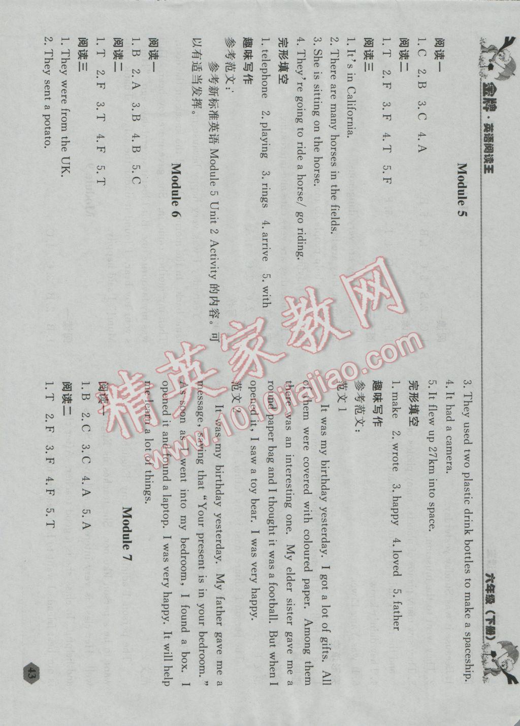 2017年點石成金金牌每課通六年級英語下冊外研版 閱讀王參考答案第27頁