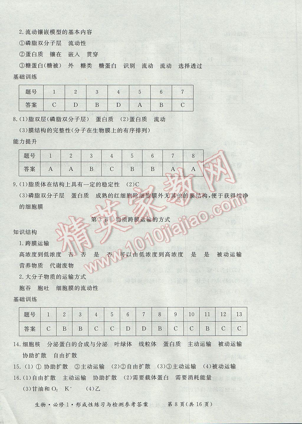 新課標形成性練習與檢測生物必修1 參考答案第8頁